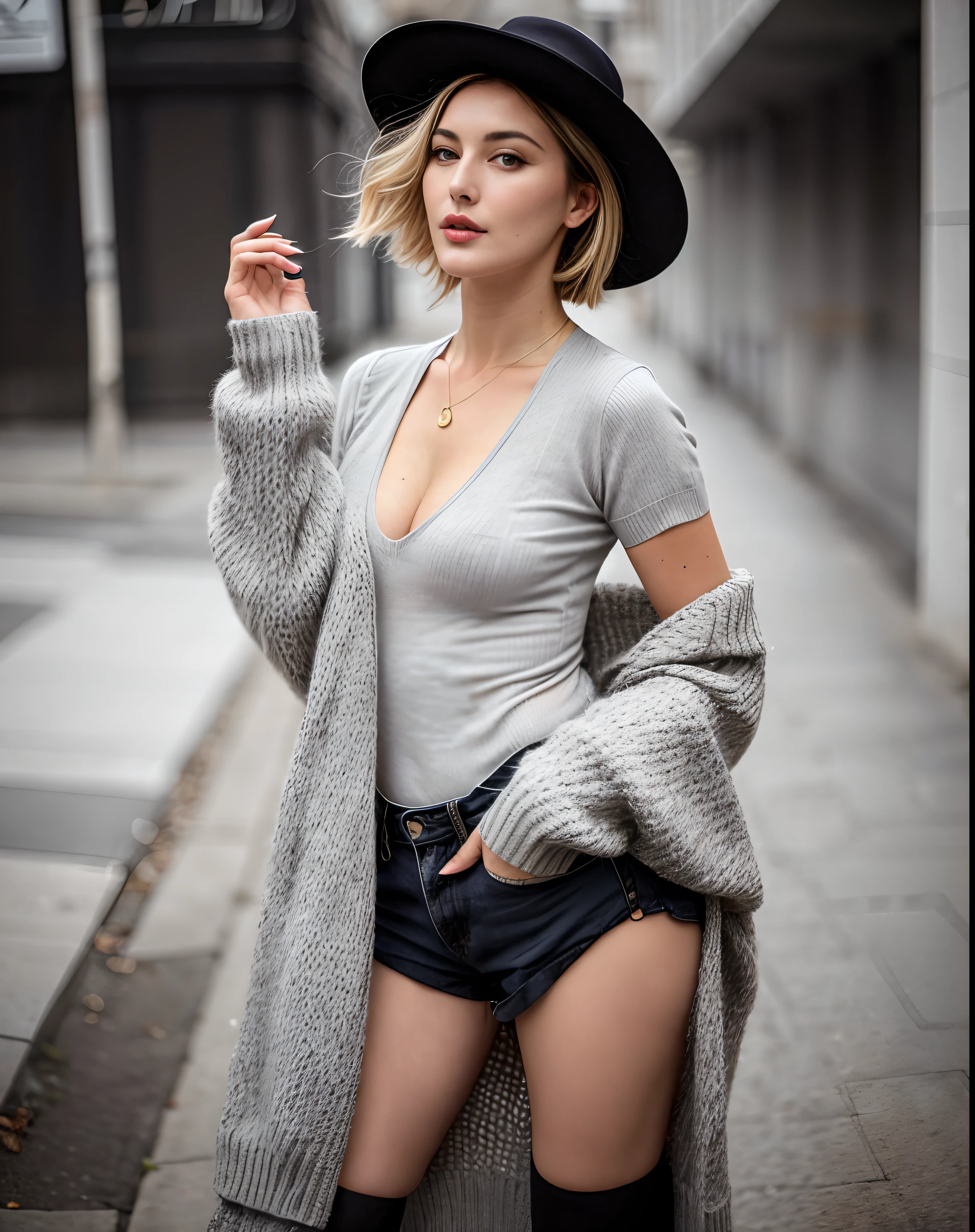 Eine spanische sinnliche Reife Frau (Monica Bellucci) with hat and sweater posing on a street, Grays, Atemberaubende Frau, gorgeous woman, Tragen einer Strickjacke, niedliche frau, gorgeous lady, Beautiful female, grauer Pullover, BH und Shorts Streetwear, graue Kleidung, Sexy Look, attractive girl, Strickjacke, Sexy Stil, seductive look, nervous, seductive lady, Tragen einer Strickjacke, attraktive Frau, modische Frau