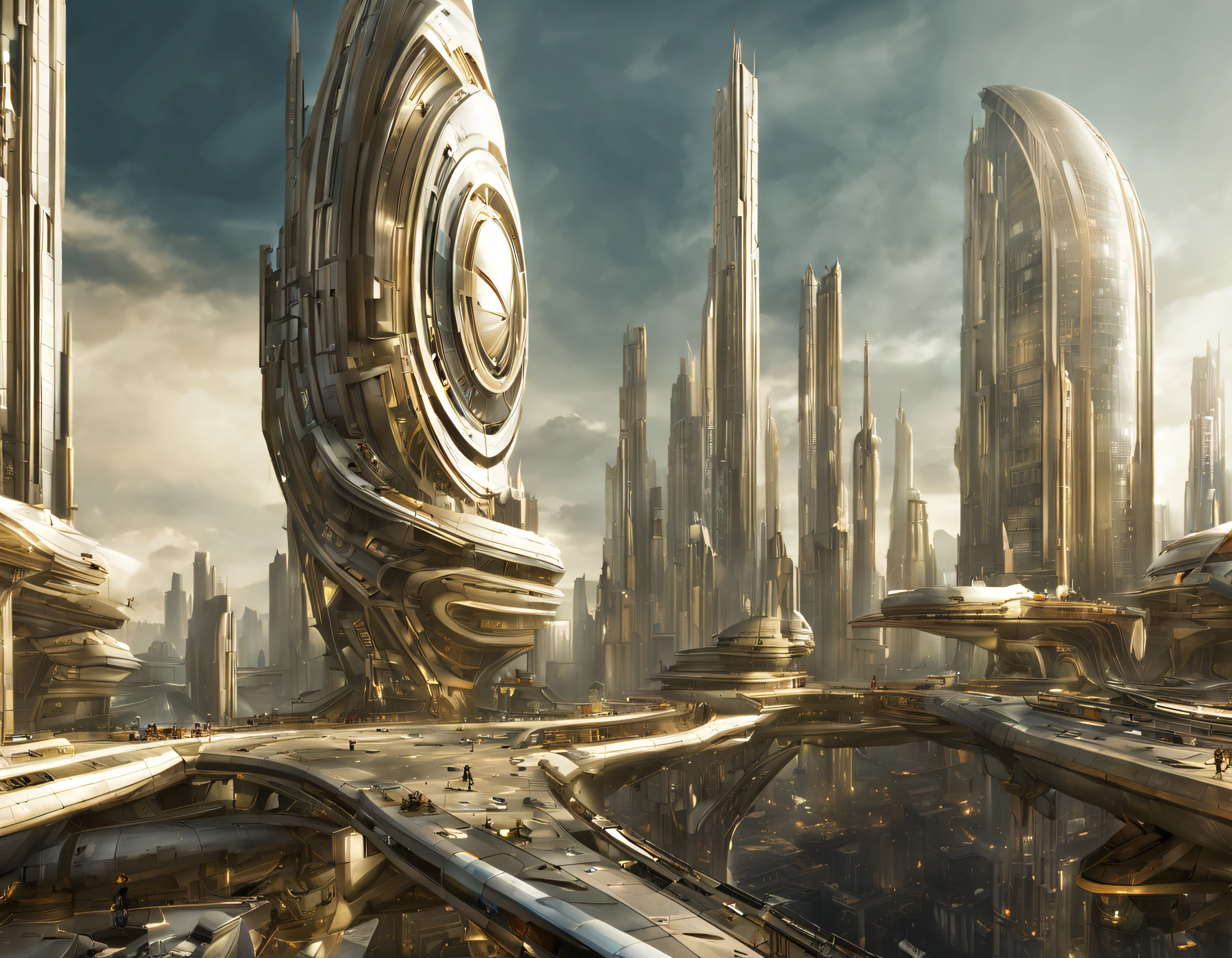On an unknown planet lies a futuristic fantasy city with immense buildings of technological design (que forman una avenida infinita), con estructuras acristaladas en plata, oro y bronce espectaculares, con colores vivos. pavimento ensolado sin brillo. gente paseando. similar a un coruscant. imagen bien definida con muchos edificios juntos. imagen nitida bien definida 8k.