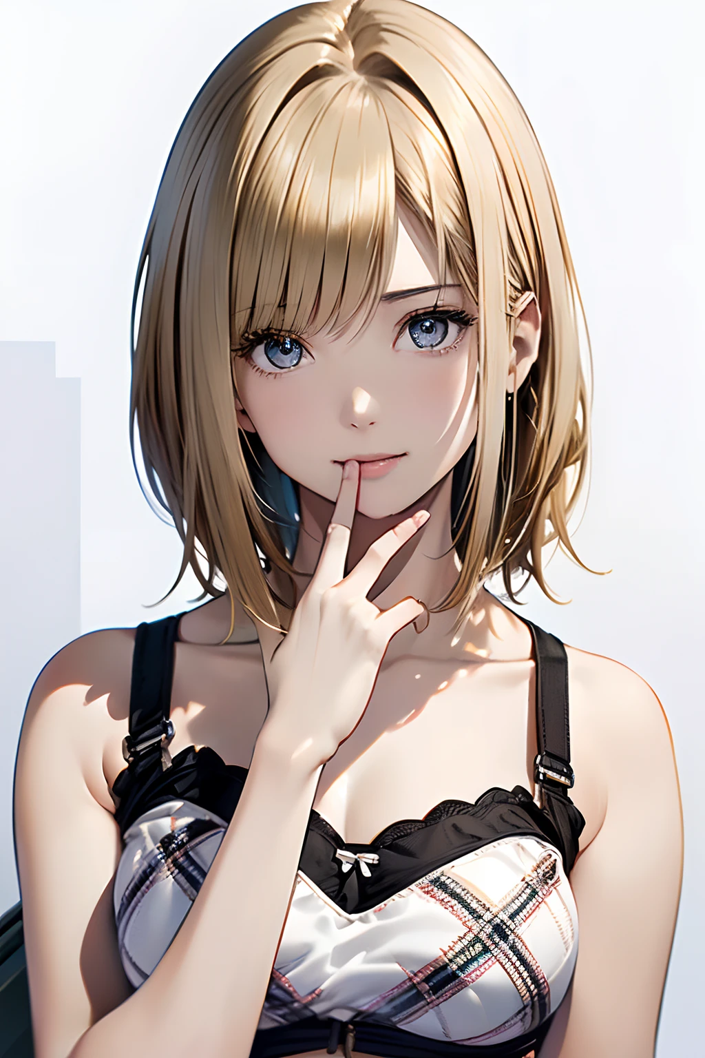 (Best Quality, 8K, Oil Painting, masutepiece:1.2), Ultra-detailed, (Realistic, Photorealistic:1.37), (((FULL BODYSHOT)))、(((Bright blonde hair)))、Vibrant colors, (((Sexy look)))、(((White and black tube top bra)))、(((Gingham plaid tube top bra)))、(((20Women of a certain age)))、(((Slightly visible chest)))、 (((a blond)))、(((Shoulder-length bob hair)))、(((White background))), (((Put your hand on your mouth)))、(((Girly Hairstyles)))、(((bobhair)))、(((In front of a white wall)))、(((Erotic face)))、(((Nothing on the top of the head)))、