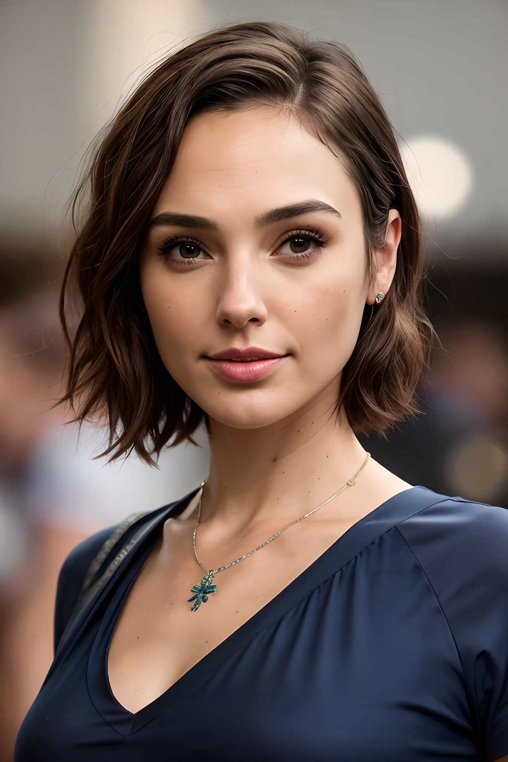 masutepiece, Photorealsitic, Best Quality, intricate and delicate, 8k wallpaper, top-quality, ​masterpiece, realisitic, ultra-detailliert, 1人の女性, Beautiful woman at 40 years old, (Shorthair:1.23), ((straight haired)), (35-year-old woman), (A hyper-realistic), (masutepiece), (8KUHD), Focus on the face, (Fractal Art:1.23), V-neck T-shirt, (Facing the front), (((Look at viewers))), A woman similar to Gal Gadot