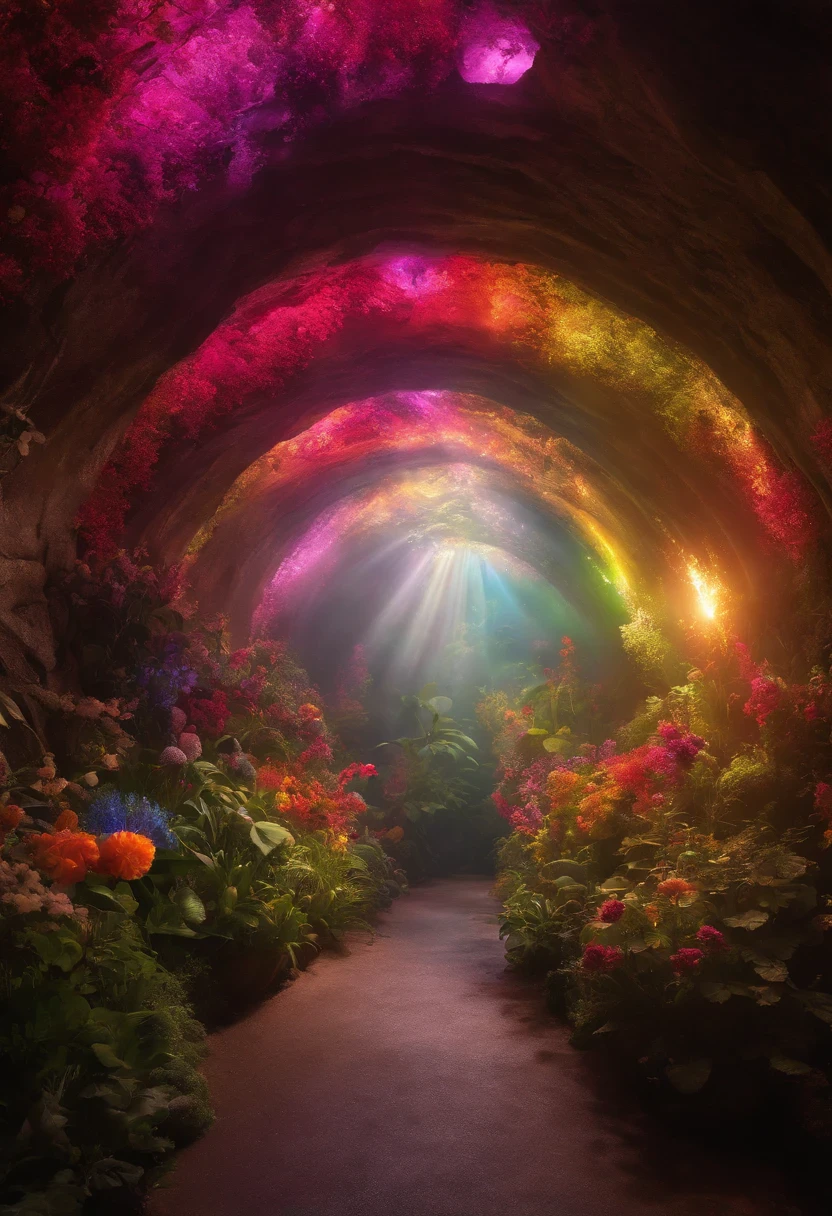 Brightly colored tunnels with flowers and plants, Colorful and magical crystal bridge, Complex rainbow environment, magical colors and atmosphere, magical colors and atmosphere, Entrance to the etheric realm, Magic Cave, magical environment, ethereal rainbows, Glittering crystal cave, a magical colorful flower, very magical and dreamy, In the Liminal Underground Gardens, Rainbow Overlay! Beautifully Lit, mystical colors