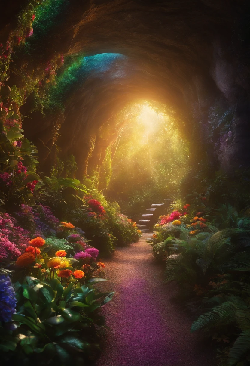 Brightly colored tunnels with flowers and plants, Colorful and magical crystal bridge, Complex rainbow environment, magical colors and atmosphere, magical colors and atmosphere, Entrance to the etheric realm, Magic Cave, magical environment, ethereal rainbows, Glittering crystal cave, a magical colorful flower, very magical and dreamy, In the Liminal Underground Gardens, Rainbow Overlay! Beautifully Lit, mystical colors