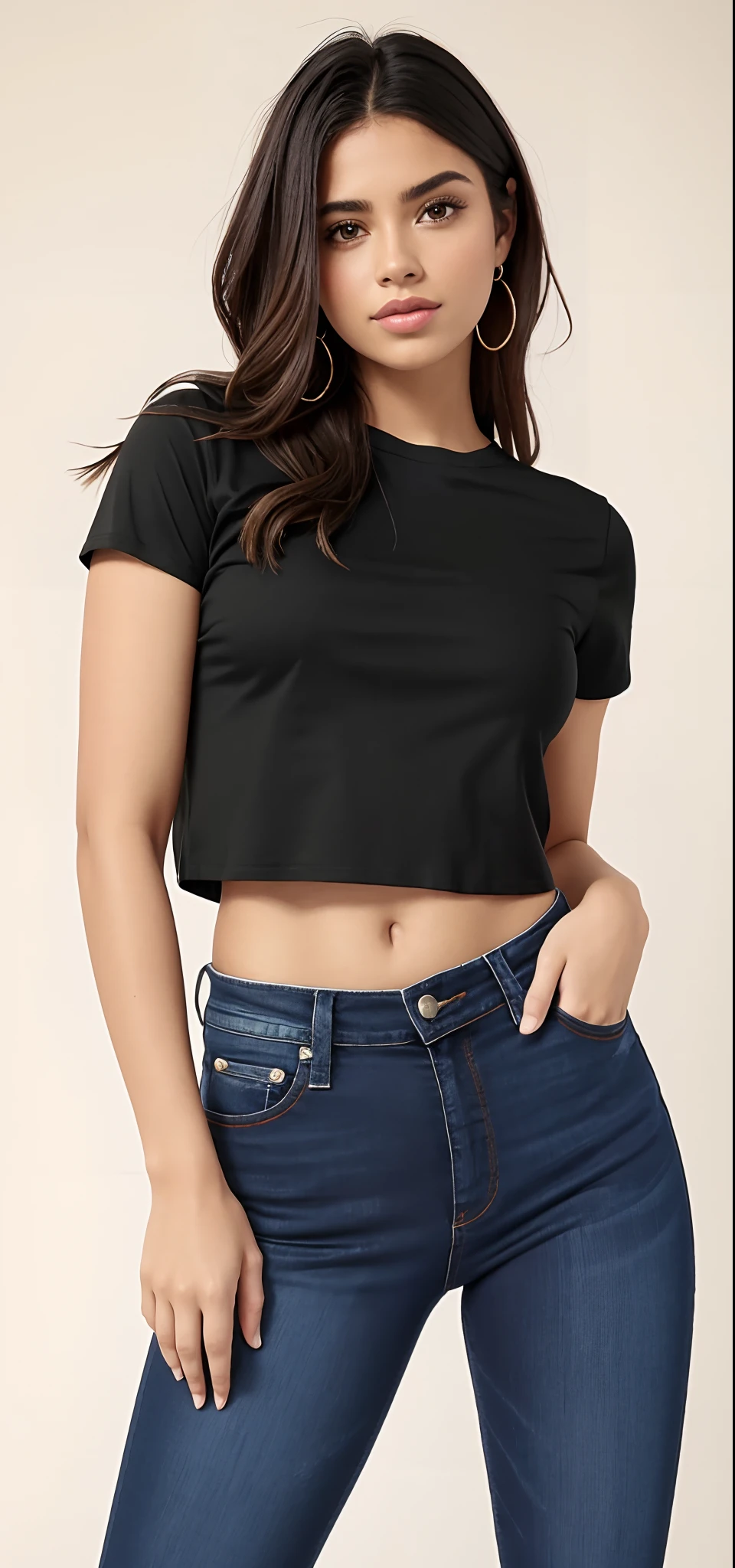 A woman in a black top and jeans posing for a photo, tampo preto, usando um top cropped, usando um top cropped sexy, usando um top cropped, usando uma regata preta cropped, topo de corte, vestindo uma camiseta preta, usando topo de corte, usando uma regata cropped preta, usando um top bonito, vestindo camiseta preta, com corte rasgado t - camisa
