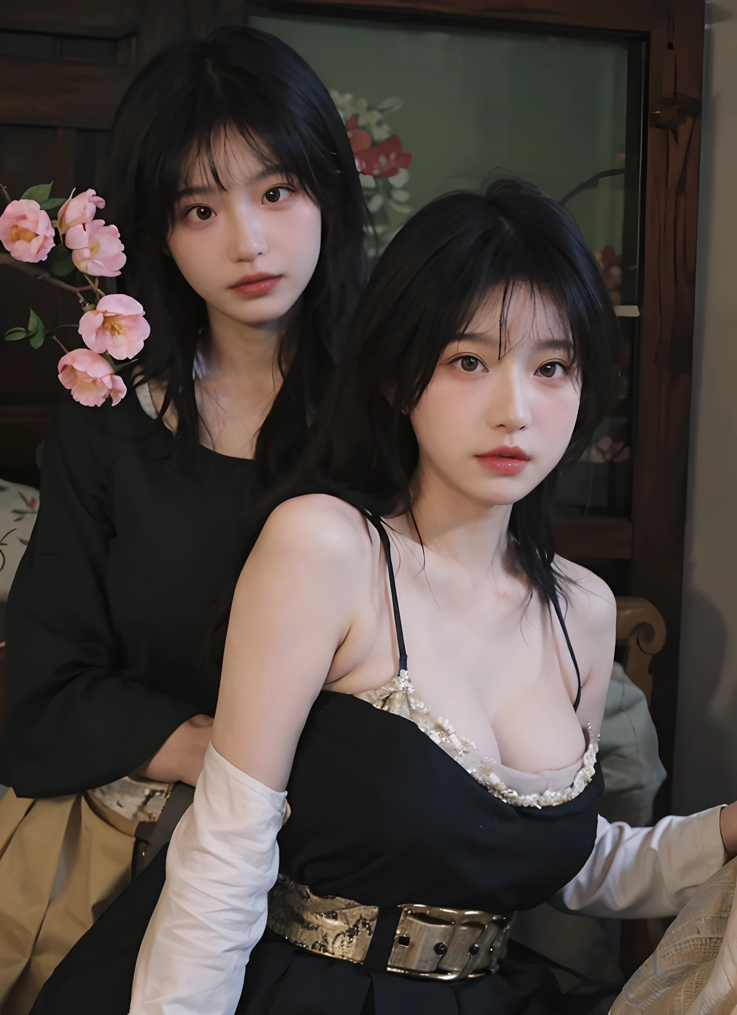 best qualtiy， 超高分辨率， （realisticlying：1.4）， one-girl， A pair of clear and moving peach blossom eyes,Royal Sister，Black long straight，Yellow tight skirt， （big cleavage breasts：1.2）， looking at viewert， closeup cleavage ，
