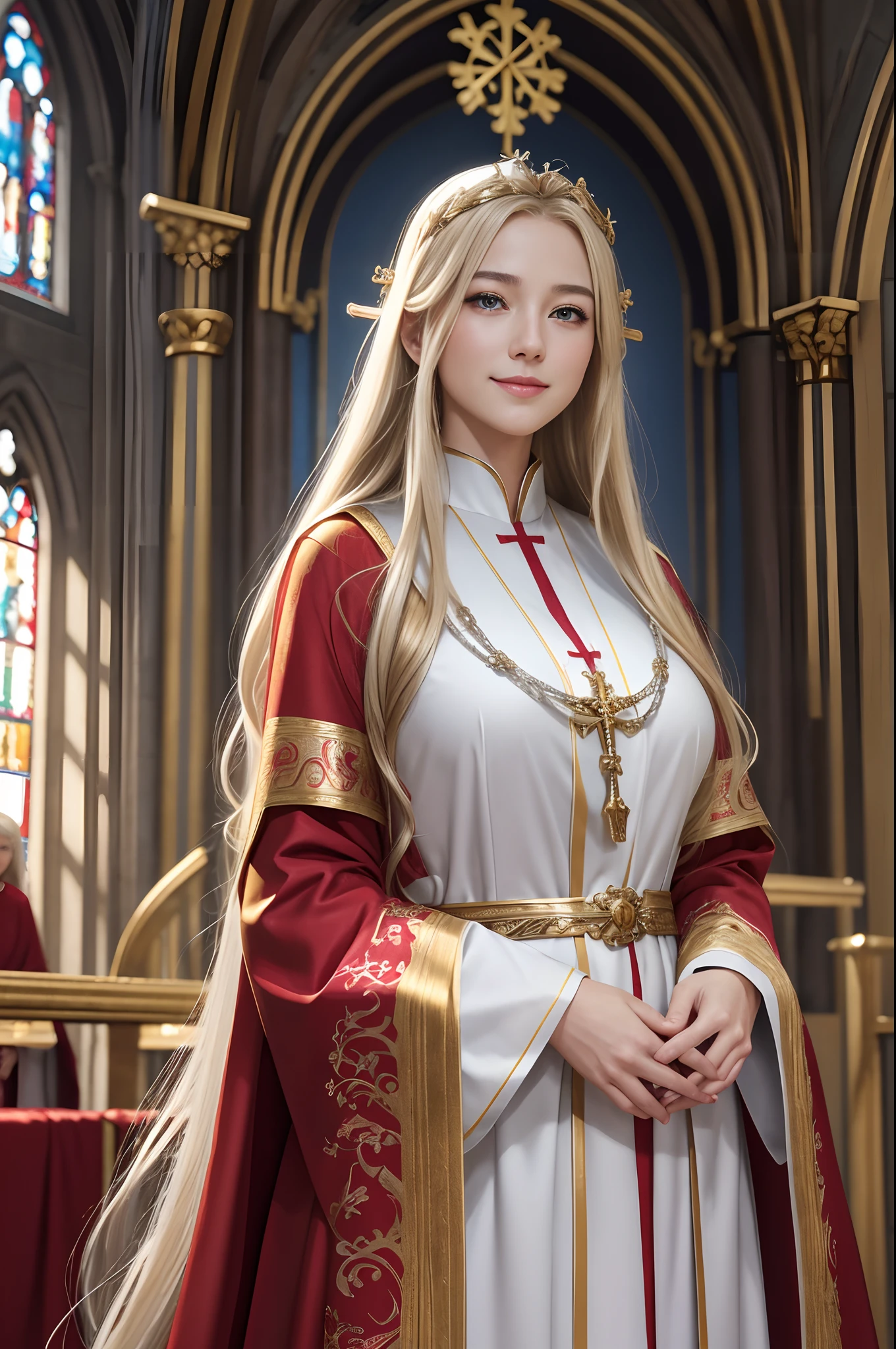 8K、Photorealistic RAW photos of the highest quality。1.4)(1 Mature Saint) Super beauty(lifelike face) Busty Saint,Wearing red and white sacred robes Silver staff with golden decorations Long blonde hair and blue eyes Smiling clergy Beautiful appearance、White costume of the saint、Golden decoration in the church、超A high resolution、super realistic skin、