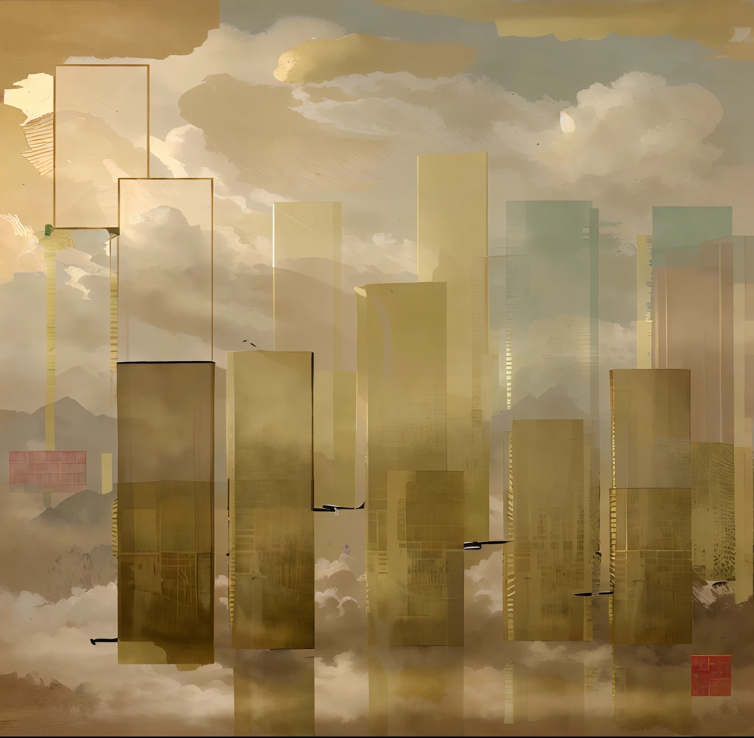 Thirteen golden ashlars pierced through the clouds,Chinese Gongbi painting style,Bright shades,Exquisite texture,Texture,The beauty of Chinese art,Simple color scheme,illustration