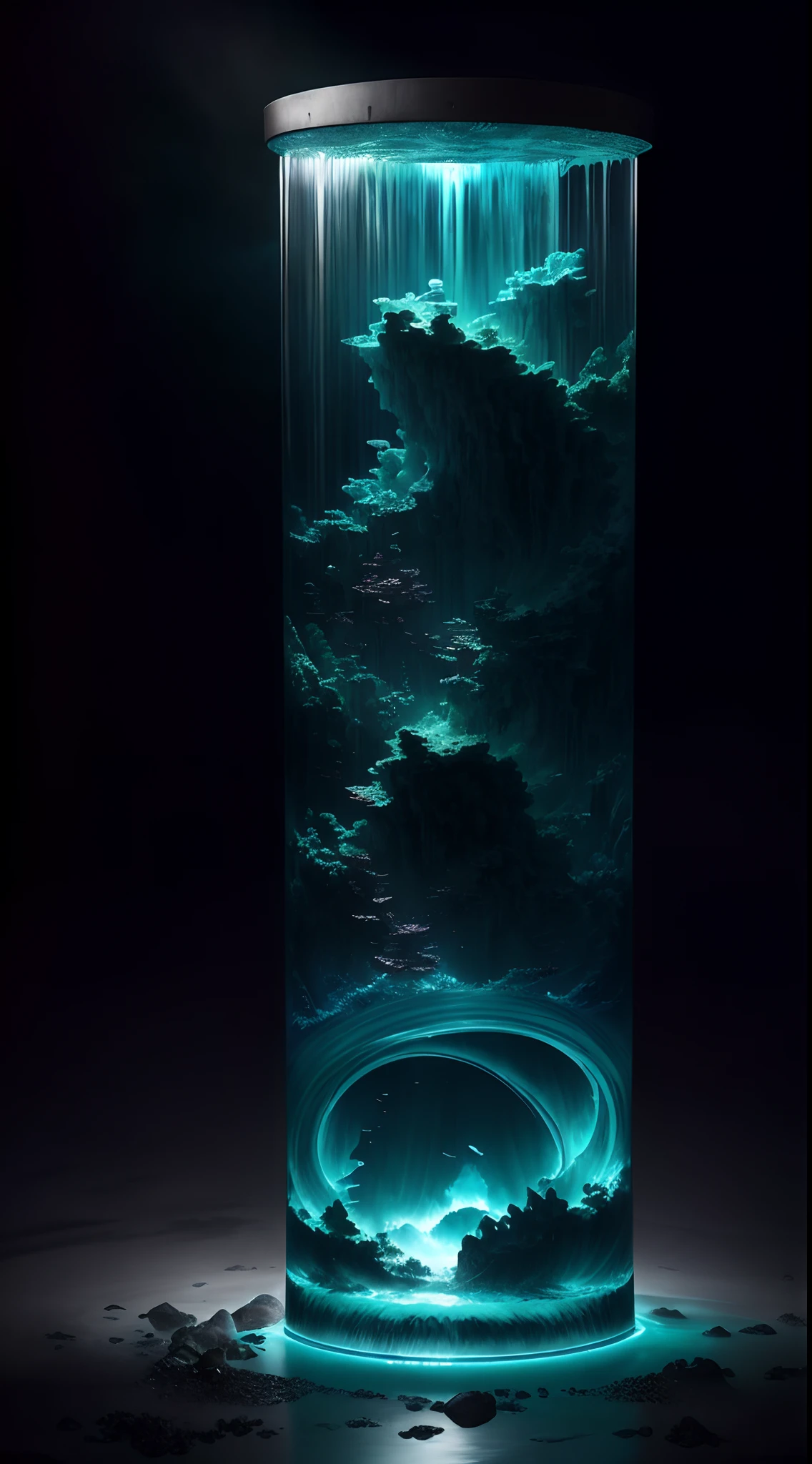 knollingcase, ocean scenery of Atlantis inside of water globe, thunderstorm, transparent data visualization, trending on art station, by Tom Bagshaw and Seb McKinnon, ultra detailed, hyper-realistic, cinematic, dramatic lighting, volumetric lighting, 150mm, octane render, photorealistic, denoise, photograph with a Hasselblad H3DII