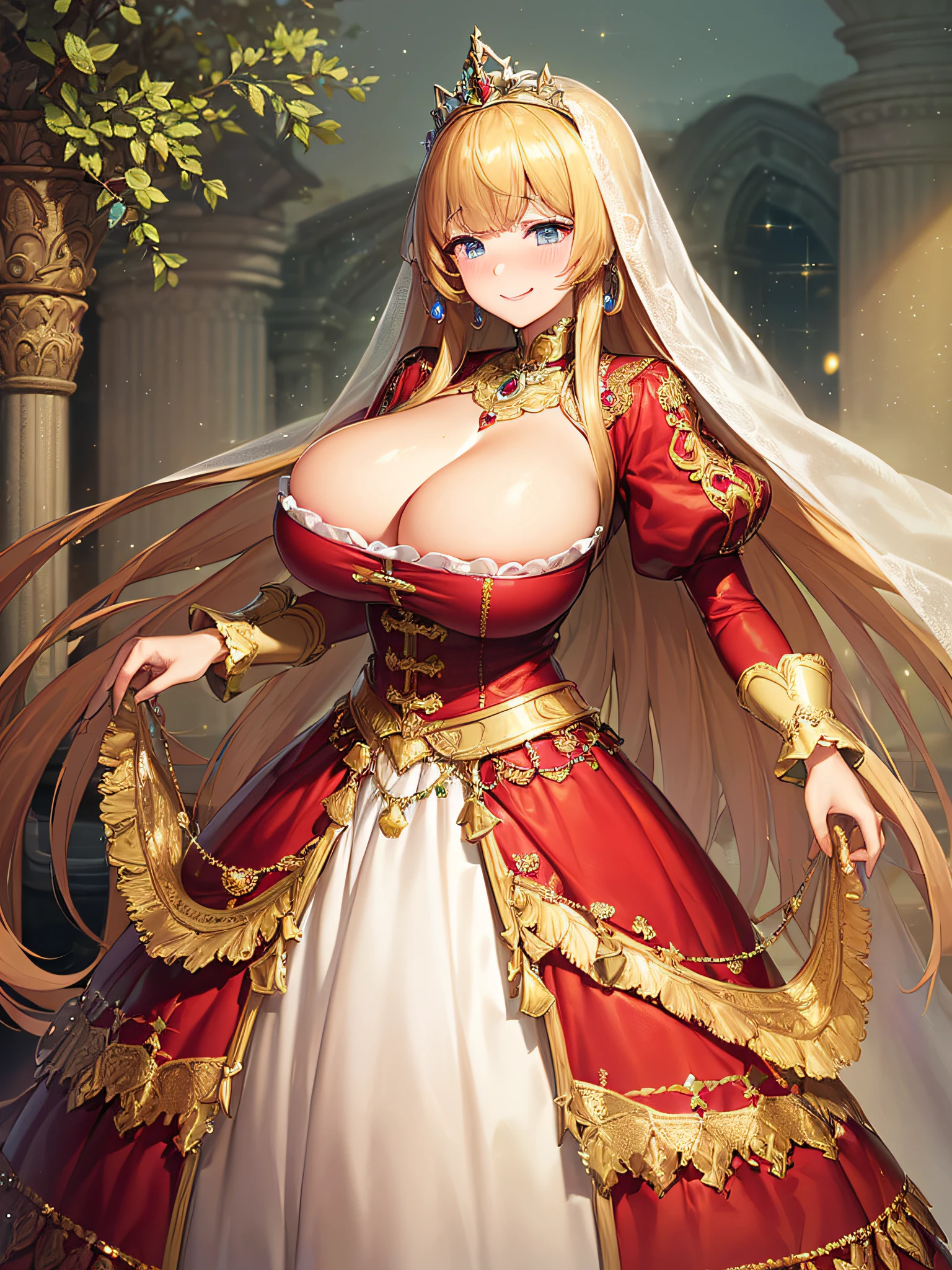 ((Anime Art Style)),(masutepiece),(Best Quality), (Super Detail),(Highly detailed CG Unity 8k wallpaper),((Very delicate and beautiful)),((Full body portrait)),((Stand in the garden)),((Solo)),(((One princess in a very gorgeous rococo princess ball gown adorned with gorgeous embroidery and jewels and a voluminous full-length hoop skirt ))),(((Crinoline Hoop Skirt))),Long Train,((Gorgeous embroidery and jewelry)),voluminous ruffles,(((very very gigantic boobs,Skindentation))),cleavage,((Very long straight hair,Very voluminous straight long hair,Very long straight hair)),(finely detailed face and eyes),((Seductive smile,embarrassed)),Beautiful eyes like jewels,Very gorgeous hair ornament,(A very gorgeous tiara adorned with sparkly jewels),((Glitter Gorgeous Gemstone Jewelry)),Gorgeous Long Veil,(Opera Globe),(Beautiful background),(Full body),((Gorgeous rococo princess ball gown with gorgeous embroidery and jewels and voluminous full-length hoop skirt))