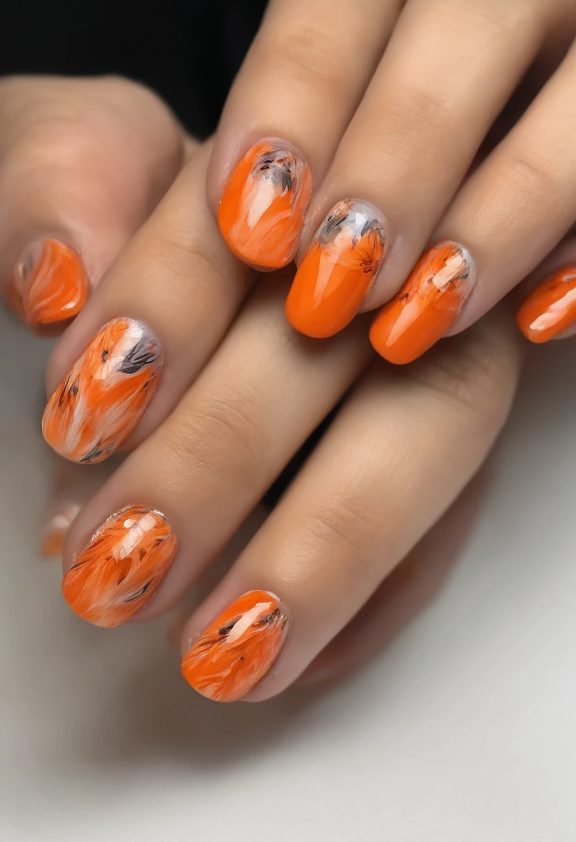 Nail design, orange color, and orange design