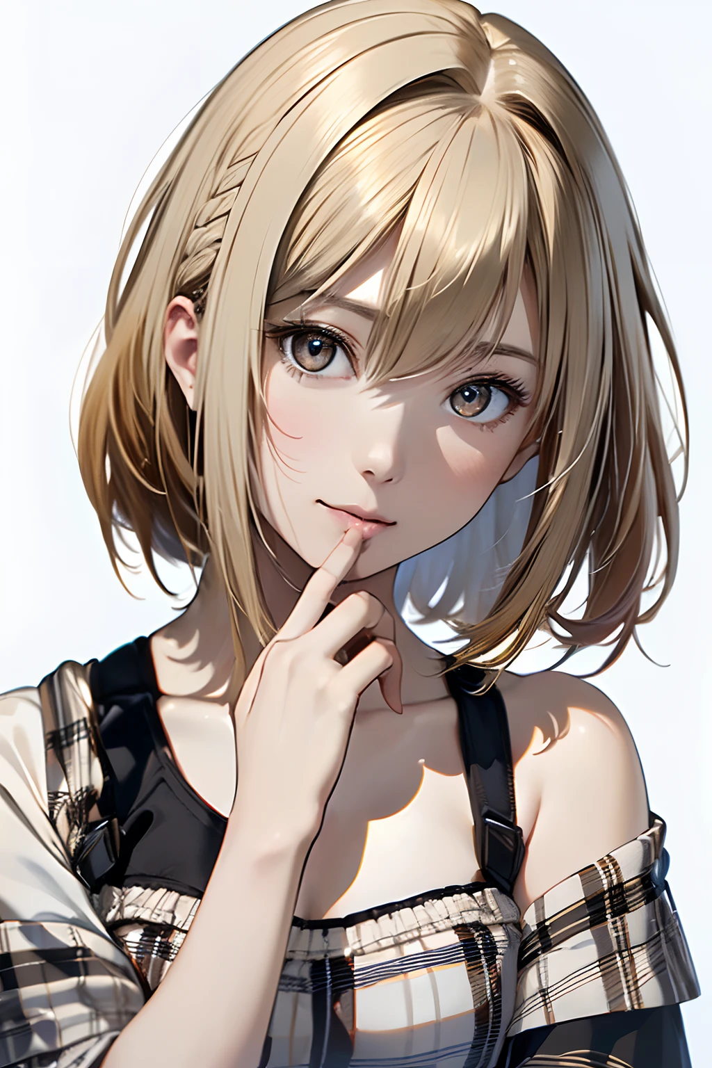 (Best Quality, 8K, Oil Painting, masutepiece:1.2), Ultra-detailed, (Realistic, Photorealistic:1.37), (((FULL BODYSHOT)))、(((Bright blonde hair)))、Vibrant colors, (((Sexy look)))、(((White and black tube top bra)))、(((Gingham plaid tube top bra)))、(((20Women of a certain age)))、(((Slightly visible chest)))、 (((a blond)))、(((Shoulder-length bob hair)))、(((White background))), (((Put your hand on your mouth)))、(((Girly Hairstyles)))、(((bobhair)))、(((In front of a white wall)))、(((Erotic face)))、(((Nothing on the top of the head)))、