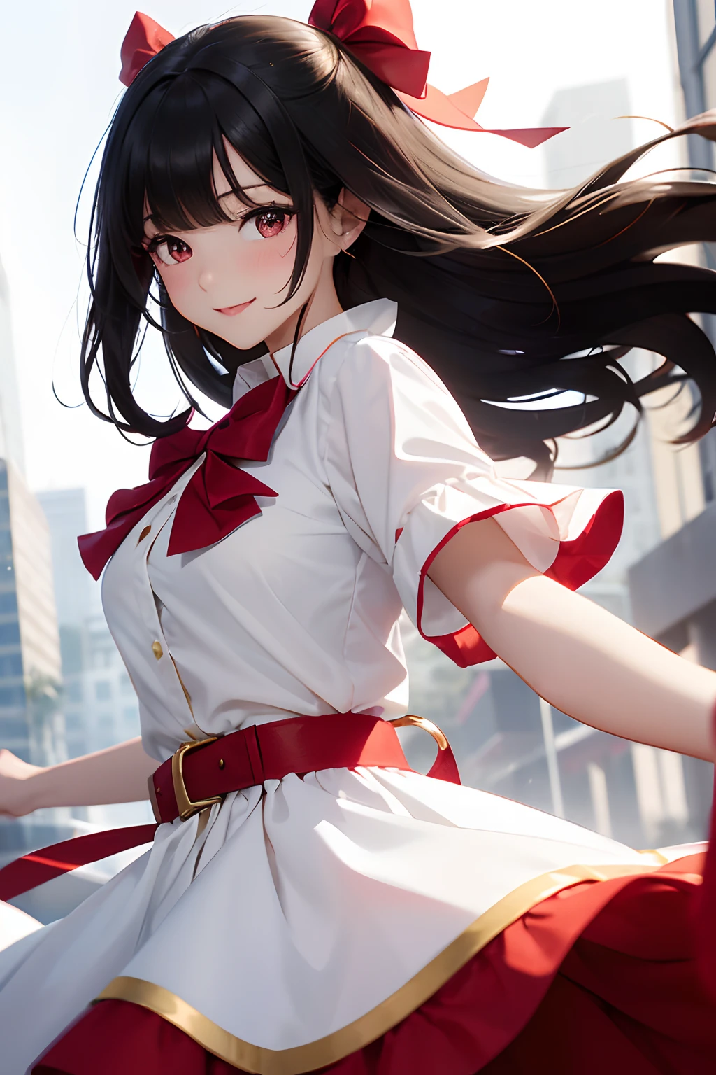 A woman wears a white blouse with a red bow,and is twirling her dress while looking back at viewer with a smile. her eyes are sparkling gold, ((black hair with golden strands)), red and white dress with red belt around the waist