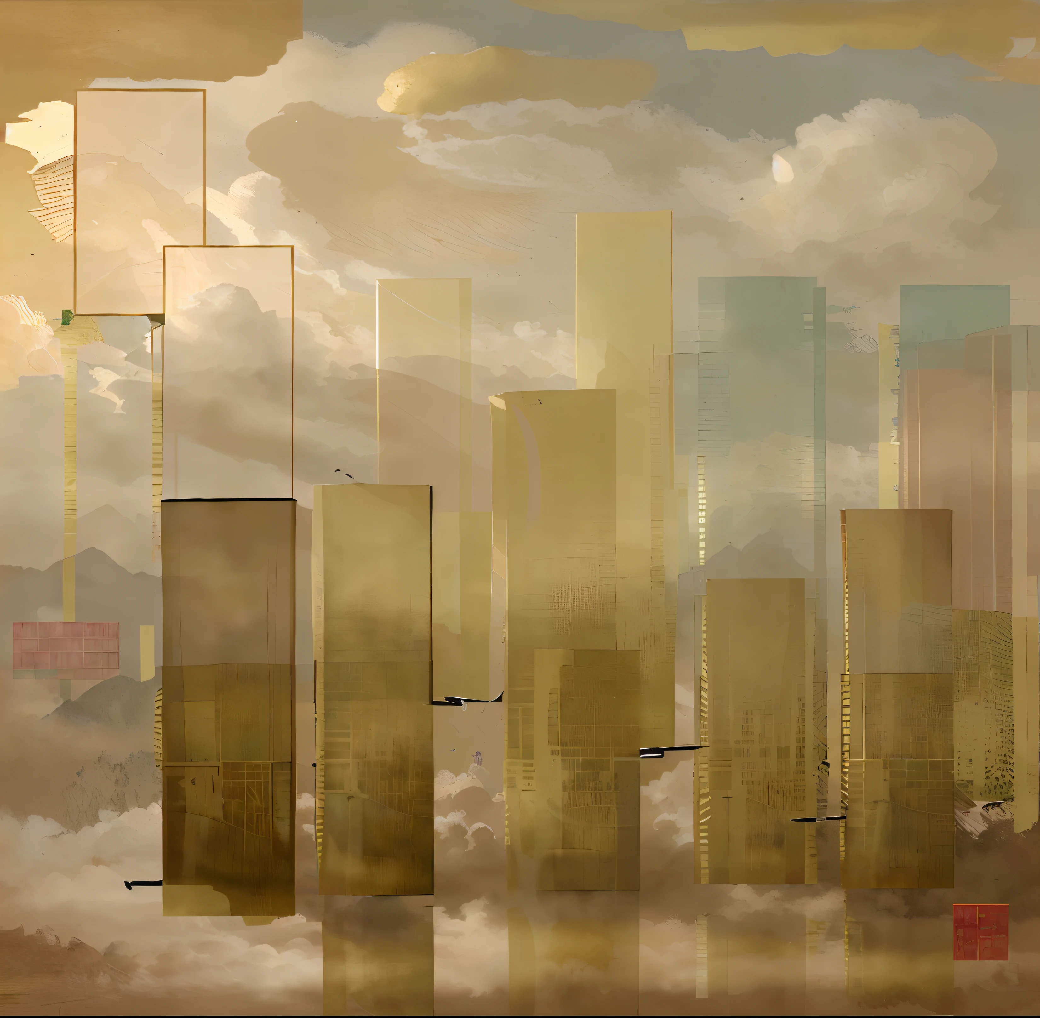 Thirteen golden ashlars pierced through the clouds,Chinese Gongbi painting style,Bright shades,Exquisite texture,Texture,The beauty of Chinese art,Simple color scheme,illustration