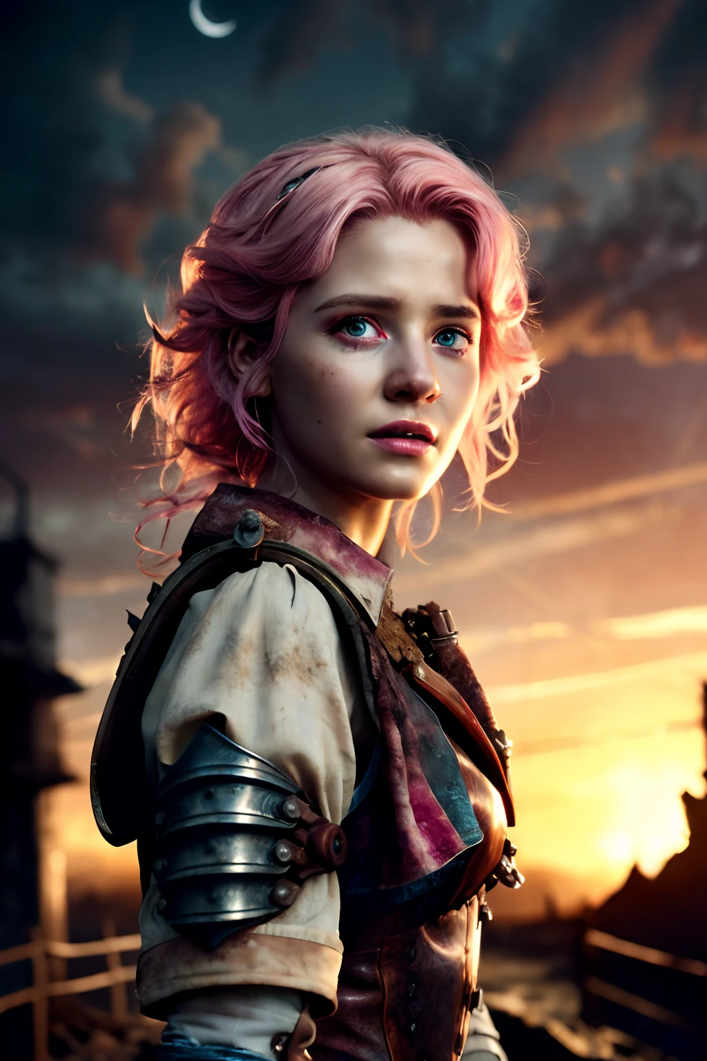 masterpiece, ultra detailed, 8K, Raw photo, Realistic light, Cinematic composition, skyscape with clouds,  full colours nightfall, depth of field, 35 mm, postapocalyptic aura, steampunk aesthetic, 18 years old cute woman, on the ruined street, (torn dirty steampunk clothing), cute sexy, depth of field, (Focus: 1.2), dark atmosphere, in dinamic movement, cinematic lighting, detailed face and skin texture, fine eyes, pink hair colour, action movie style, vivid colours
