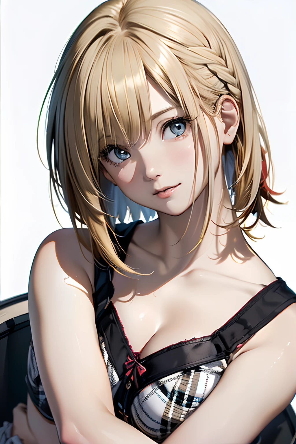 (Best Quality, 8K, Oil Painting, masutepiece:1.2), Ultra-detailed, (Realistic, Photorealistic:1.37), (((FULL BODYSHOT)))、(((Bright blonde hair)))、Vibrant colors, (((Naughty look)))、(((White and black tube top bra)))、(((Gingham plaid tube top bra)))、(((20Women of a certain age)))、(((Slightly visible chest)))、 (((a blond)))、(((Shoulder-length bob hair)))、((( White background))), (((I'm putting out a velo)))、(((Girly Hairstyles)))、(((bobhair)))、(((In front of a white wall)))、(((Erotic face)))、(((Nothing on the top of the head)))、(((Look up)))