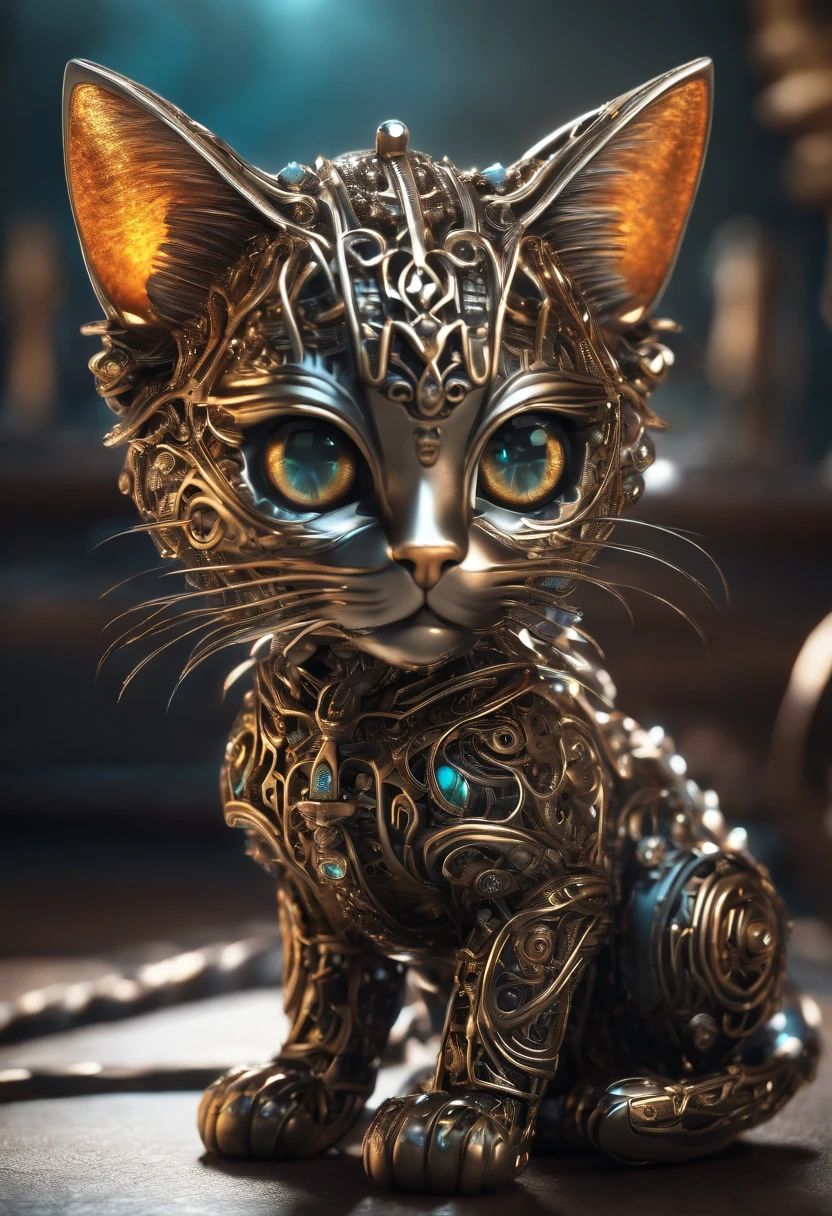 A cute metal cyborg kitten with a (intricate details) and (hyperdetailed:1.2) appearance. The kitten has a [tail] made of detailed wire. The image captures a cinematic shot with a vignette effect, and the kitten is centered in the frame. The overall image quality is high, with HDR rendering.