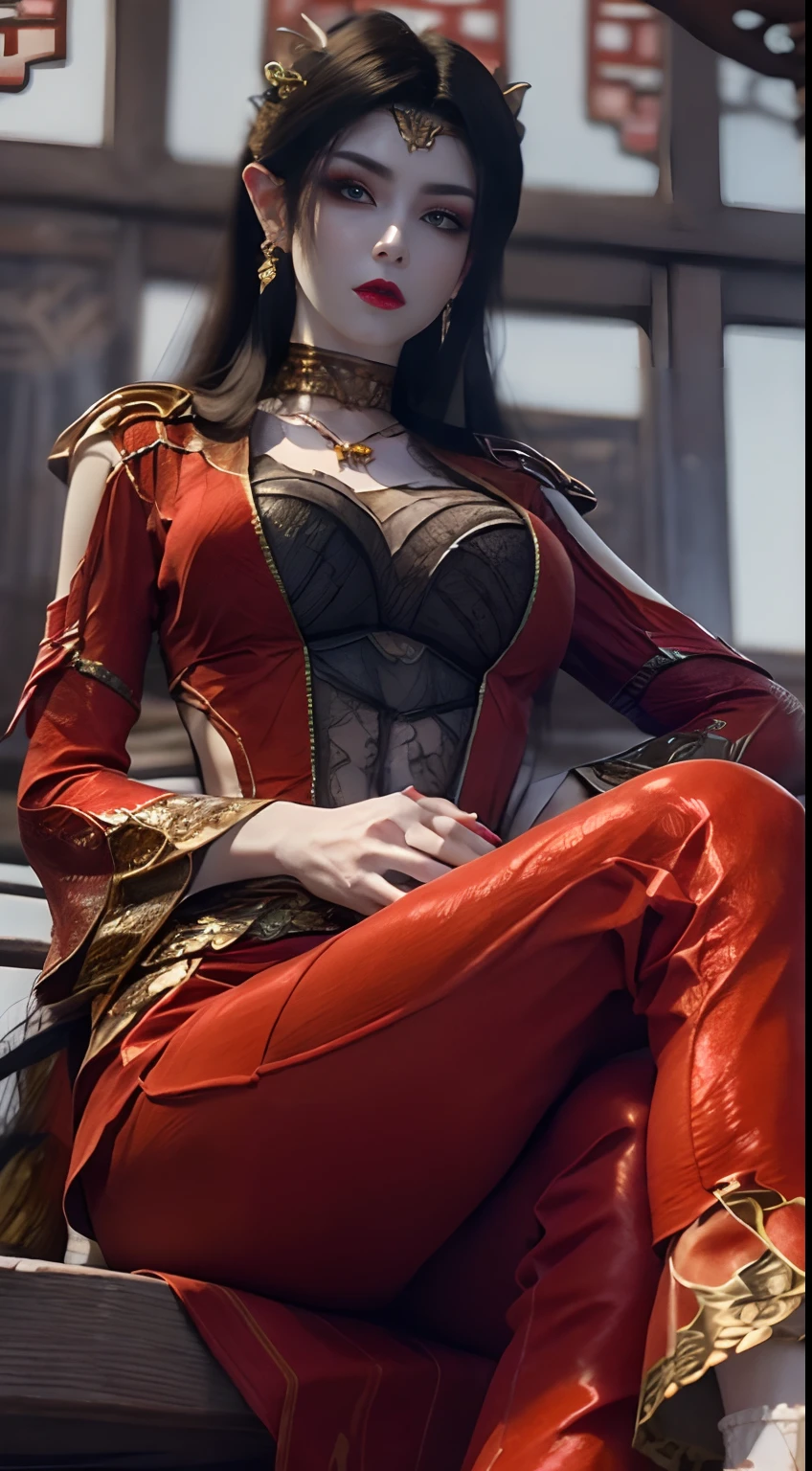 8K Ultra HD, Masterpiece, Best quality, A beautifu 2 girl, Long hair, Impressive hairstyle, Royal hair accessories, Nice and cute face, Flawless face, jewelry earrings, Antique jewelry, details eyes, Beautiful eyes, meticulous makeup, Thin eyebrows, Beautiful red lips, huge tit, Red mesh socks, Thin red silk shirt,There are many white patterns, White lace shirt, Long bangs and long platinum-red ponytail, Realistic colors, Magic effects, ancient hanfu background, Sitting, Full body capture,