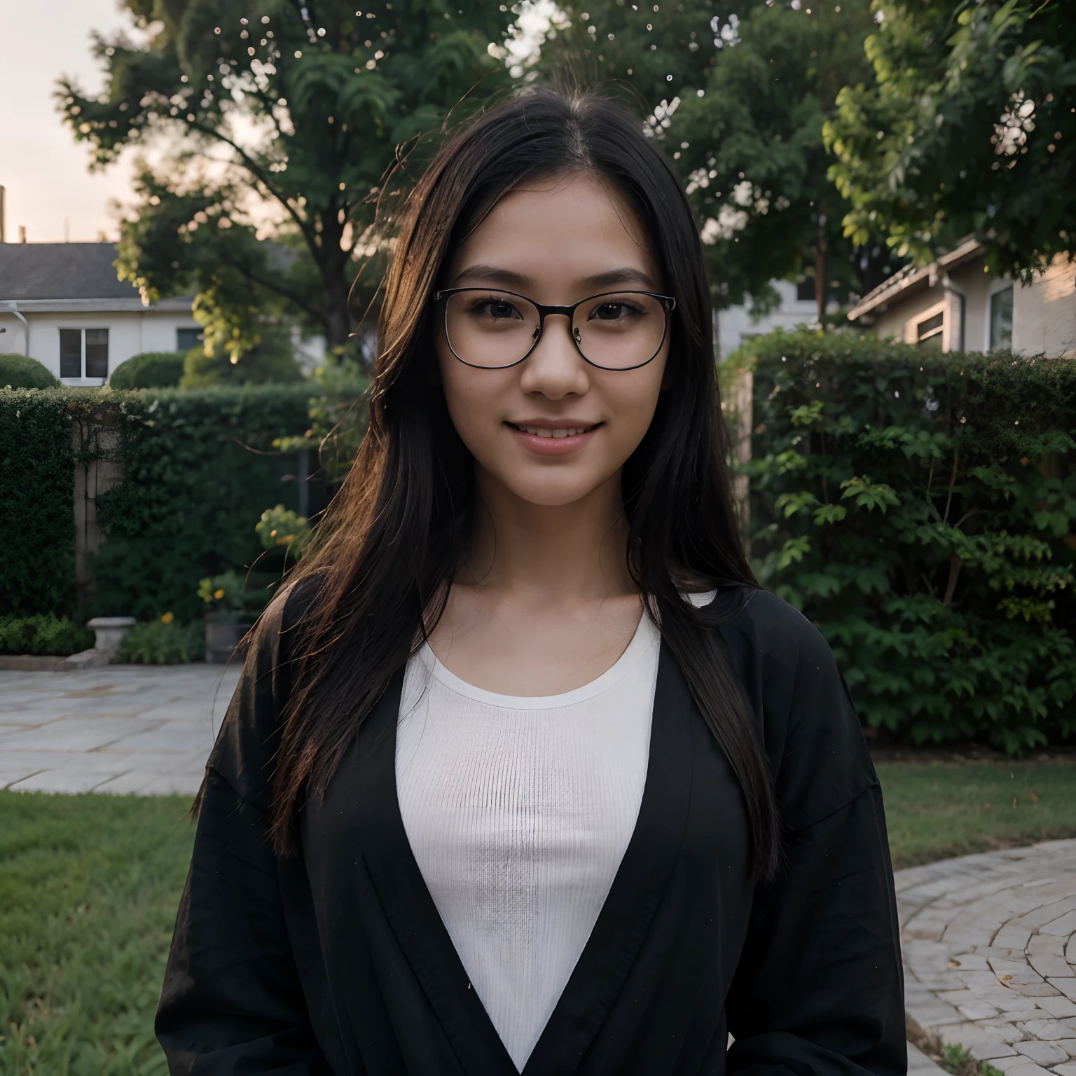 Very young female, half chinese, small slit-eyed, glasses, black hair, flawless white skin, long hair, photorealistic, best quality, hyper detailed, , beautiful woman, selfie photo, upper body, solo, wearing black clothes, smiling at garden, sunset photo, without makeup, school, looking at sky, skin texture, film grain, close up, ultra high res, best shadow, RAW, instagram LUT