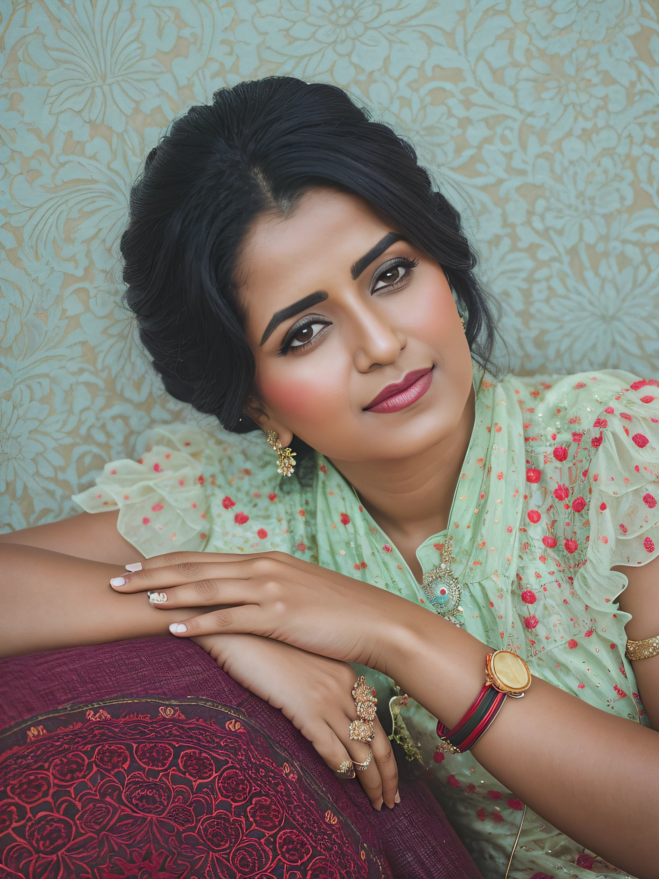 There's a woman sitting on a couch in a green and red dress, Faridah Malik, inspirado por T. K. Padmini, imagen vertical, Ritu Kumar, Foto de una mujer, imagen vertical, portrait photography, Retrato de estudio en color, Retrato de estudio, colour portrait photograph, Foto tomada con Nikon D 7 5 0, Foto tomada con la Nikon D750