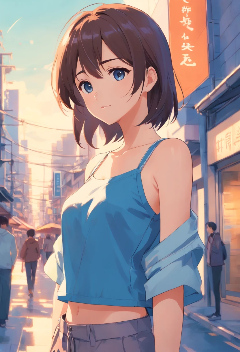 (8k、Best image quality、Highest quality、masterpiece)、Detailed face、1 girl、Black Hair、Shortcuts、Grey Eyes、Bright smile、Earrings、Small breasts，Flat chest，White tank top、Denim Long Pants、Cowboy Shot、Urban Background，