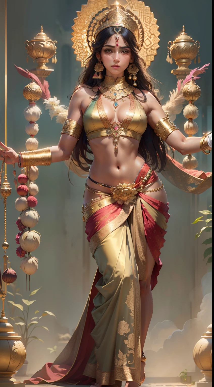 (highly detailed), (illustration), (intricate), (beautiful face), (attractive body), (complete body picture), modern indian goddess, dynamic pose, (8k, RAW.photo, best quality, tmasterpiece:1.2), (realisticlying, photograph realistic: 1.6), ultra high res.photorealistic:.1.4,UHD