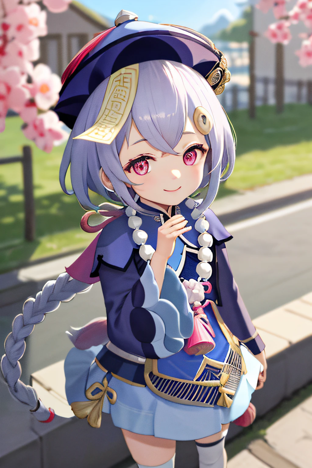 qiqidef, Take pictures in the air, Cute and naughty, full bodyesbian, Hold your chin with both hands, ssmile, Be red in the face, simple backgound, baiyun, short detailed hair, Skysky, the street, looking at viewert,