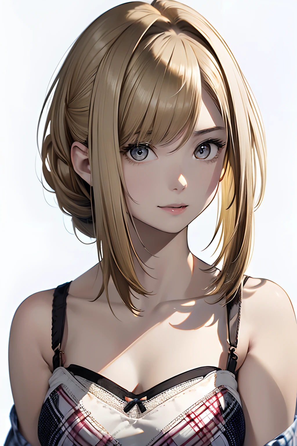 (Best Quality, 8K, Oil Painting, masutepiece:1.2), Ultra-detailed, (Realistic, Photorealistic:1.37), (((FULL BODYSHOT)))、(((Bright blonde hair)))、Vibrant colors, (((Naughty look)))、(((White and black tube top bra)))、(((Gingham plaid tube top bra)))、(((20Women of a certain age)))、(((Slightly visible chest)))、 (((a blond)))、(((Shoulder-length bob hair)))、((( White background))), (((I'm putting out a velo)))、(((Girly Hairstyles)))、(((bobhair)))、(((In front of a white wall)))、(((Erotic face)))、(((Nothing on the top of the head)))、(((Look up)))