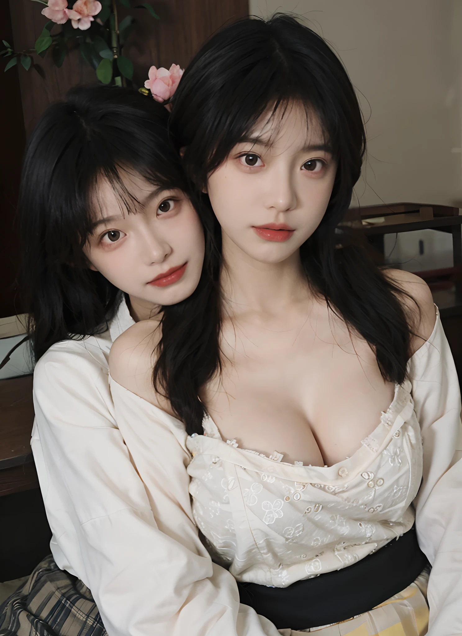 best qualtiy, 超高分辨率, (realisticlying:1.4), one-girl, A pair of clear and moving peach blossom eyes,Royal Sister,Black long straight,Yellow tight skirt, (big cleavage breasts:1.2), looking at viewert, closeup cleavage ,