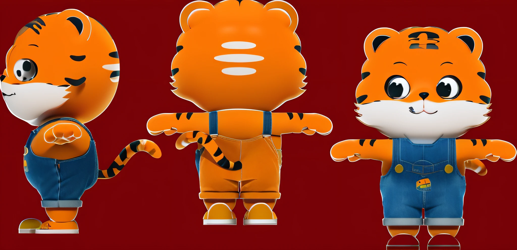 Cartoon tiger in overalls and mask with other cartoon tigers, Anthropomorphic tiger, an animated character, merged character, full body mascot, tony the tiger, Animated character design, front back view and side view, full - body and head view, gumball watterson, animated character design, with garfield the cartoon cat, anthropomorphic character, full-body view