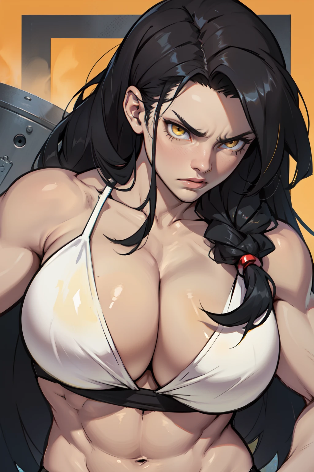 1girl black hair yellow eyes very long hair pale skin angry bodybuilder huge breasts muscular toned body close up