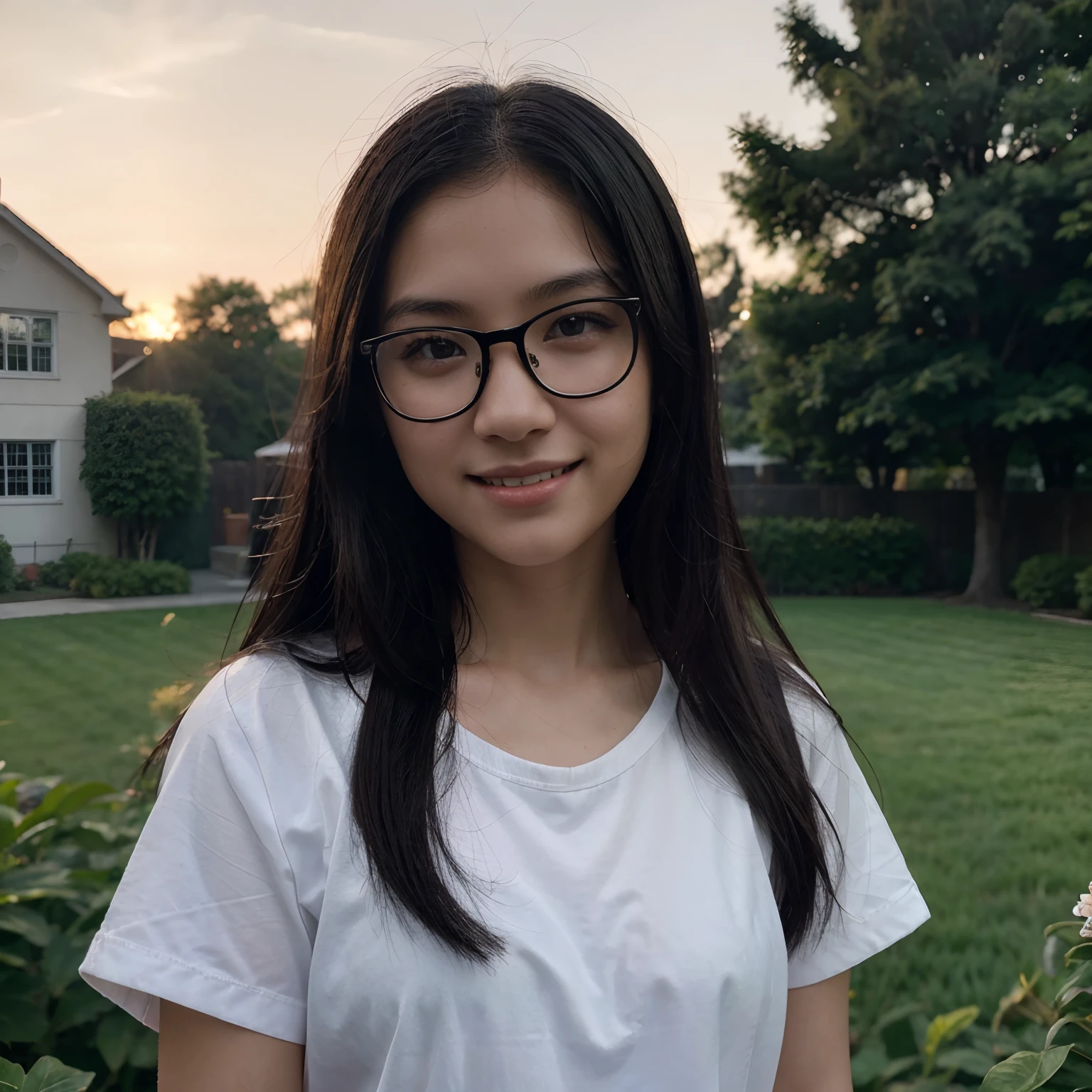 Very young female, half chinese, small slit-eyed, glasses, black hair, flawless white skin, long hair, photorealistic, best quality, hyper detailed, middle school student, beautiful woman, selfie photo, upper body, solo, wearing black clothes, smiling at garden, sunset photo, without makeup, school, looking at viewer, skin texture, film grain, close up, ultra high res, best shadow, RAW, instagram LUT