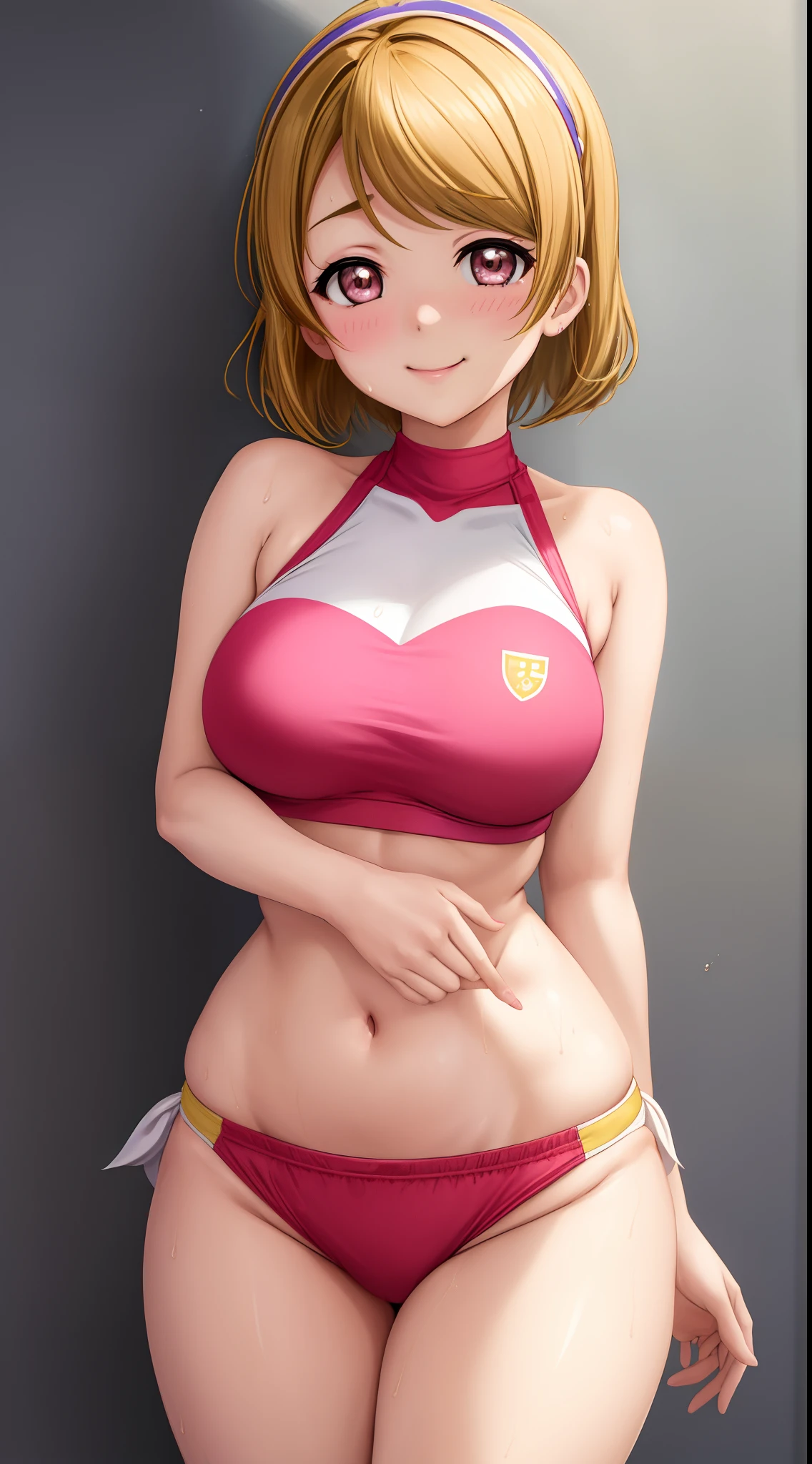 Koizumi hanayo, bangs, beautiful, beautiful woman, perfect body, buruma ,brm,crop top, curvy body, a slight smile, sweating, masterpiece, super detailed, high detail, high quality, best quality, 1080p, 16,  wedgie