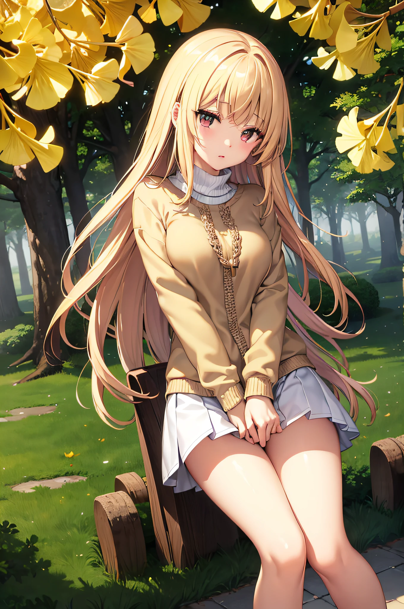 女の子1人、Beige sweater、No skirt、unclothed panties、a park、In a row of ginkgo trees、Colored leaves、flaxen hair、Long hair、Align your bangs、flaxen eyes、Colossal tits、crouching down、Nokezoru、Opening legs、look from down、Glowing skin、