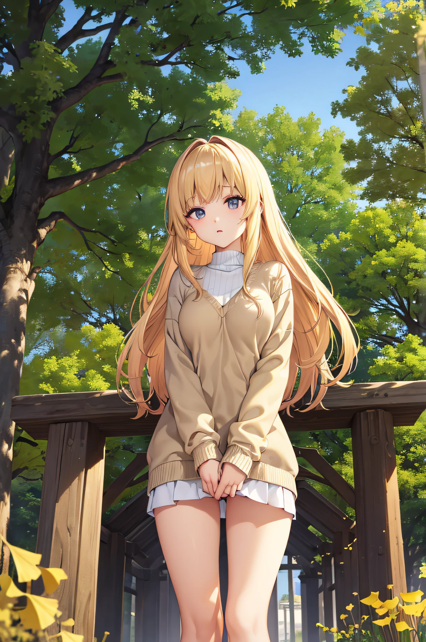 1人、Beige sweater、No skirt、unclothed panties、a park、In a row of ginkgo trees、Colored leaves、flaxen hair、Long hair、Align your bangs、flaxen eyes、Colossal tits、crouching down、Nokezoru、Opening legs、look from down、Glowing skin、