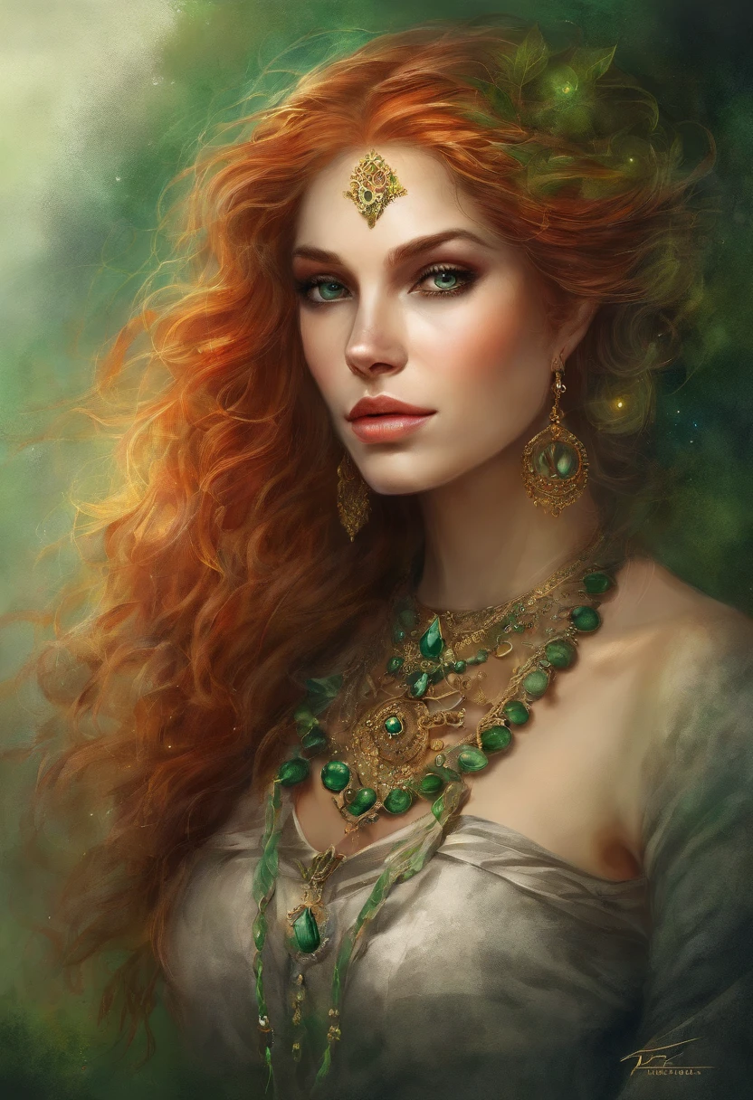 (Masterpiece, Top Quality, Best Quality, official arts, beautiful and aesthetic:1.2), Girl, Detailed Face, Long curly scarlet hair, Green eyes, full - body, green shirt, corset, celestial, hunter, extremely beautiful, higly detailed, (Fire in the background), light effects, highest detail, particles floating, Ancient runes, Geometric patterns, V0id3nergy , dove, eye shadow, epic atmosphere