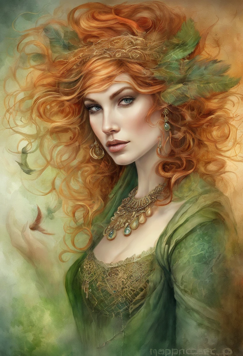 (Masterpiece, Top Quality, Best Quality, official arts, beautiful and aesthetic:1.2), Girl, Detailed Face, Long curly scarlet hair, Green eyes, full - body, green shirt, corset, celestial, hunter, extremely beautiful, higly detailed, (Fire in the background), light effects, highest detail, particles floating, Ancient runes, Geometric patterns, V0id3nergy , dove, eye shadow, epic atmosphere
