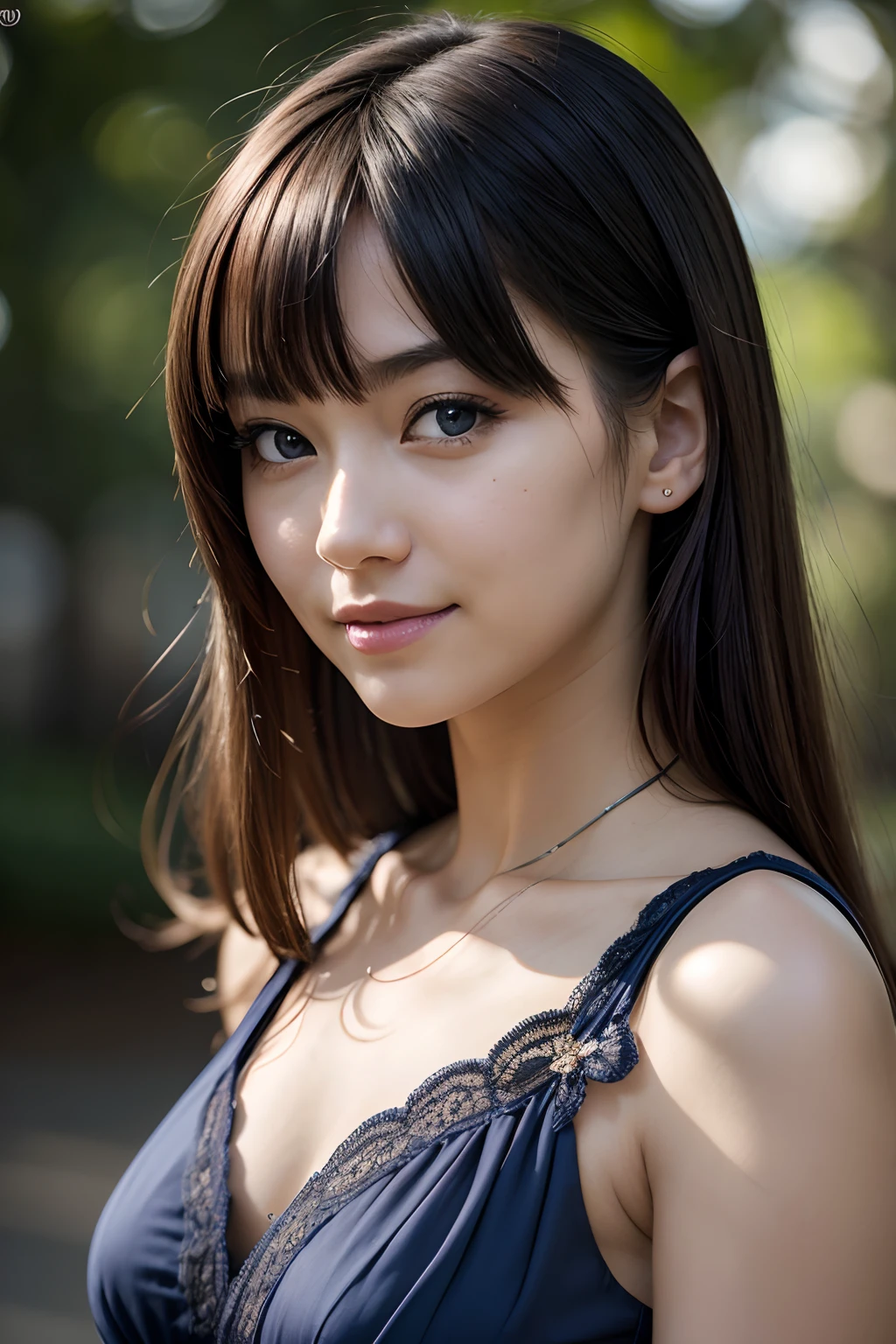 masutepiece, Photorealsitic, Best Quality, intricate and delicate, 8k wallpaper, top-quality, ​masterpiece, realisitic, ultra-detailliert, 1人の女性, smil, Looking at the camera, Dark Blue V Neck Dress, Focus on the face