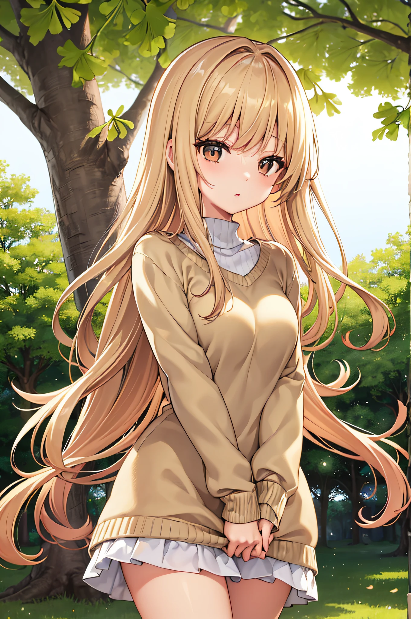 1人、Beige sweater、No skirt、unclothed panties、a park、In a row of ginkgo trees、Colored leaves、flaxen hair、long hair、Align your bangs、flaxen eyes、Colossal tits、crouching down、Nokezoru、Opening legs、look from down、Glowing skin、