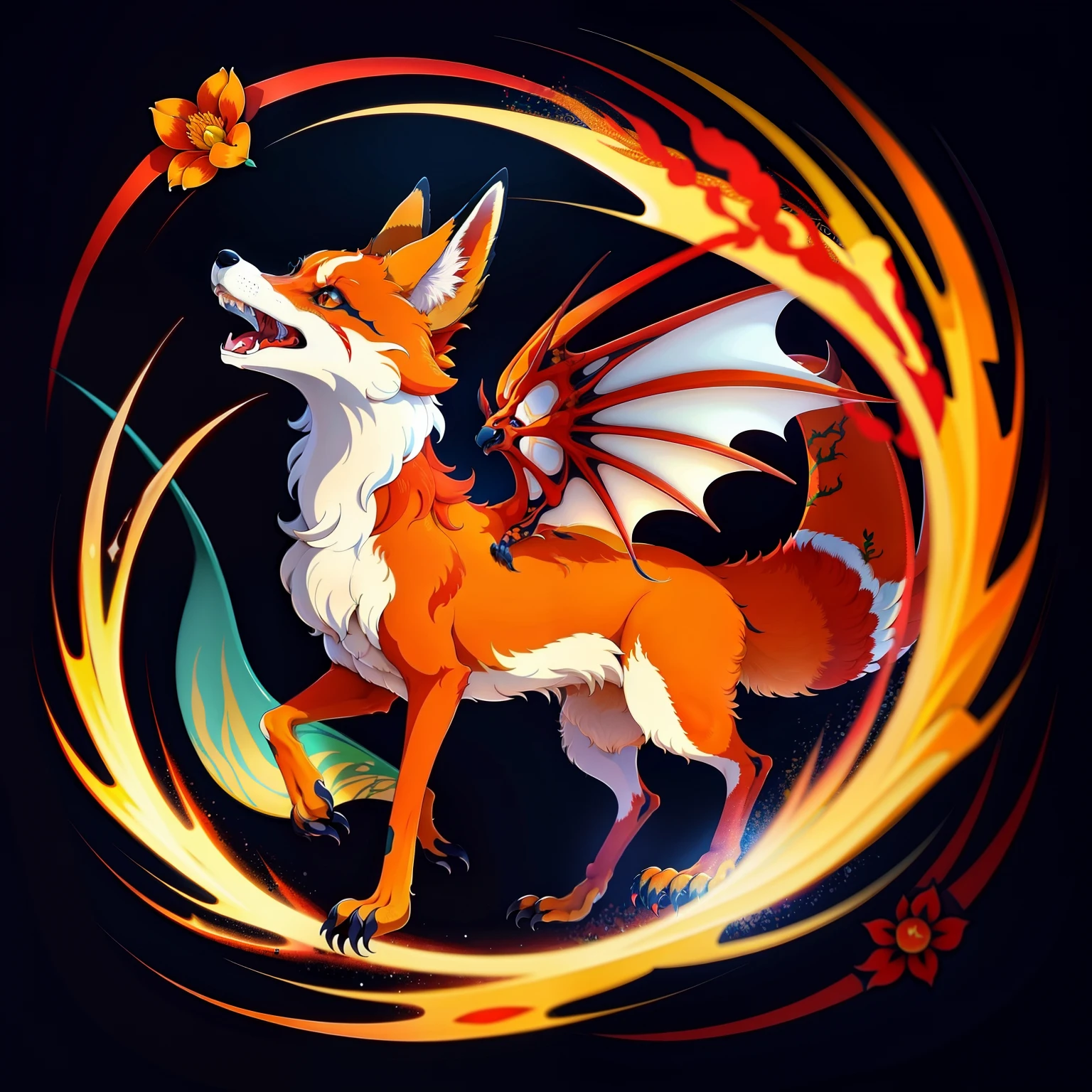 a large painting of a red fox, in the style of classic tattoo motifs, anime art, digital art wonders, white and amber, harmonious color schemes, dragon art, birds & flowers --ar 2:3