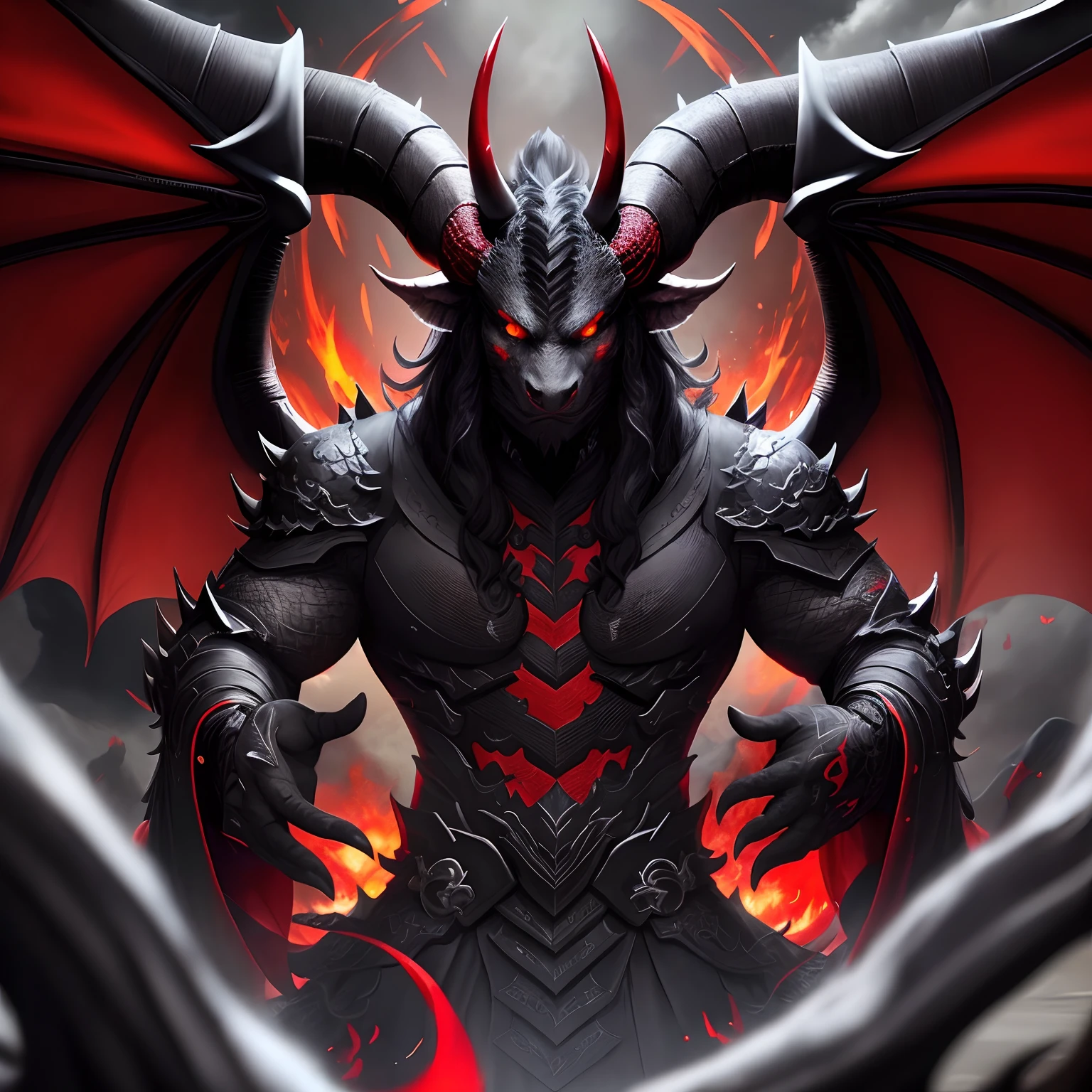 A huge demonic dragon, with lava wings , huge teeth , shiny scales on the tale , twisted horns on the head , vertical red glowing eye