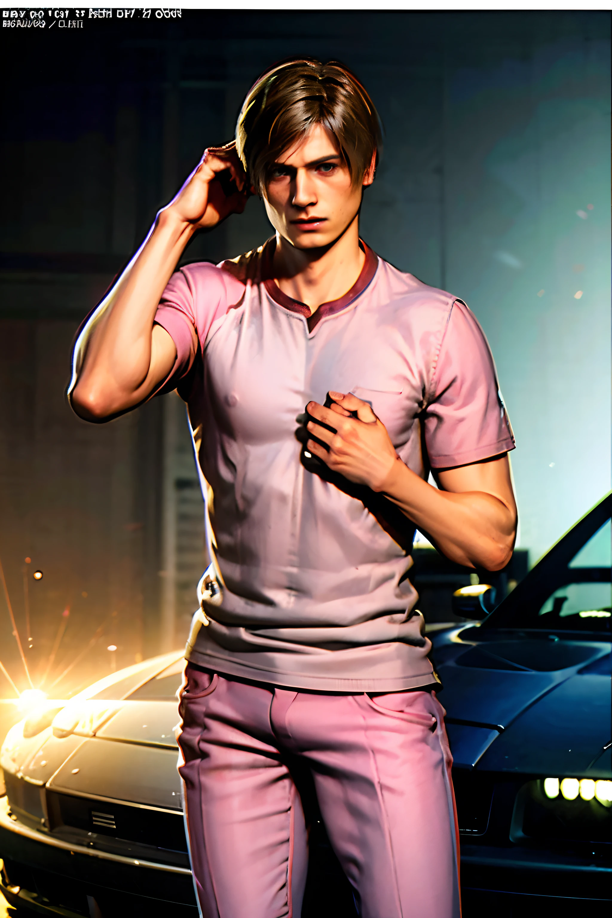 1 boy, Rider, Shot by re4leon, Leon S. Kennedy from the movie "Resident Evil 4", pink pajamas, Embarrassed, covers the face with one hand,A well-developed face, hair curtain, sports car, A hyper-realistic, 4k