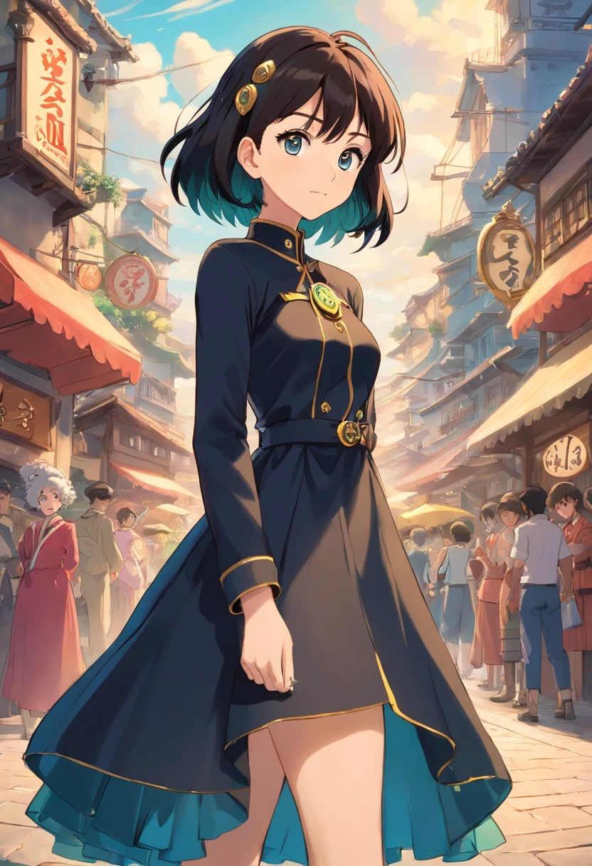 (Garota 15 anos, pele clara, olhos castanhos e cabelos castanhos cacheados) (Vestido preto, modelo fofo) (cidade de Morioh Town, diamond is unbreakeable) (Ao lado dela Rohan Kishibe parte 4 JoJo's Bizarre Adventure)