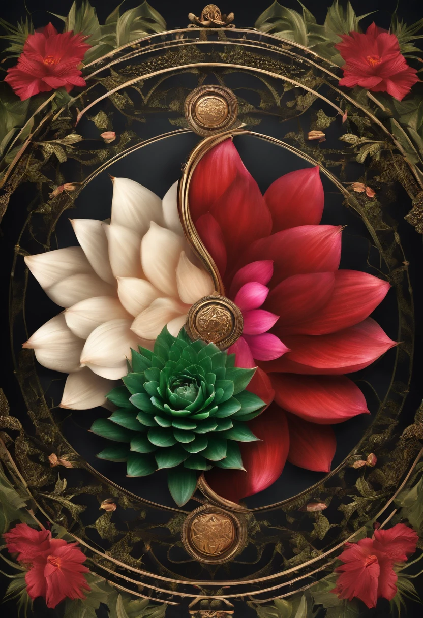 best qualtiy，daynight, yin yang, yinyang shaped, Central symmetry, wild cherry-cactus hybrid, Excellent digital art with rich details