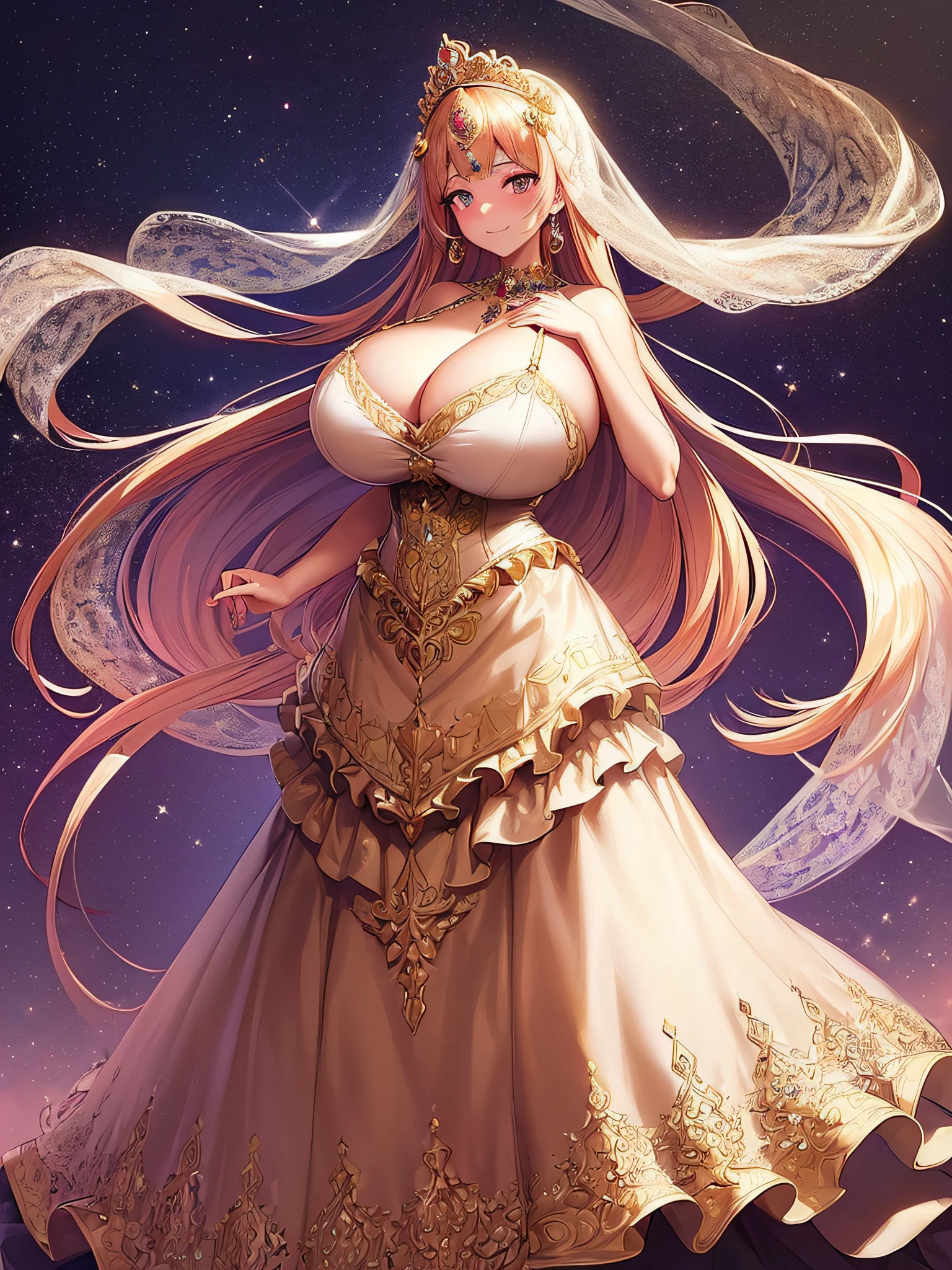 ((Anime Art Style)),(masutepiece),(Best Quality), (Super Detail),(Highly detailed CG Unity 8k wallpaper),((Very delicate and beautiful)),((Full body portrait)),((Stand in the garden)),((Solo)),(((One princess in a very gorgeous rococo princess ball gown adorned with gorgeous embroidery and jewels and a voluminous full-length hoop skirt ))),(((Crinoline Hoop Skirt))),Long Train,((Gorgeous embroidery and jewelry)),voluminous ruffles,(((very very gigantic boobs,Skindentation))),cleavage,((Very long straight hair,Very voluminous straight long hair,Very long straight hair)),(finely detailed face and eyes),((Seductive smile,embarrassed)),Beautiful eyes like jewels,Very gorgeous hair ornament,(A very gorgeous tiara adorned with sparkly jewels),((Glitter Gorgeous Gemstone Jewelry)),Gorgeous Long Veil,(Opera Globe),(Beautiful background),(Full body),((Gorgeous rococo princess ball gown with gorgeous embroidery and jewels and voluminous full-length hoop skirt))