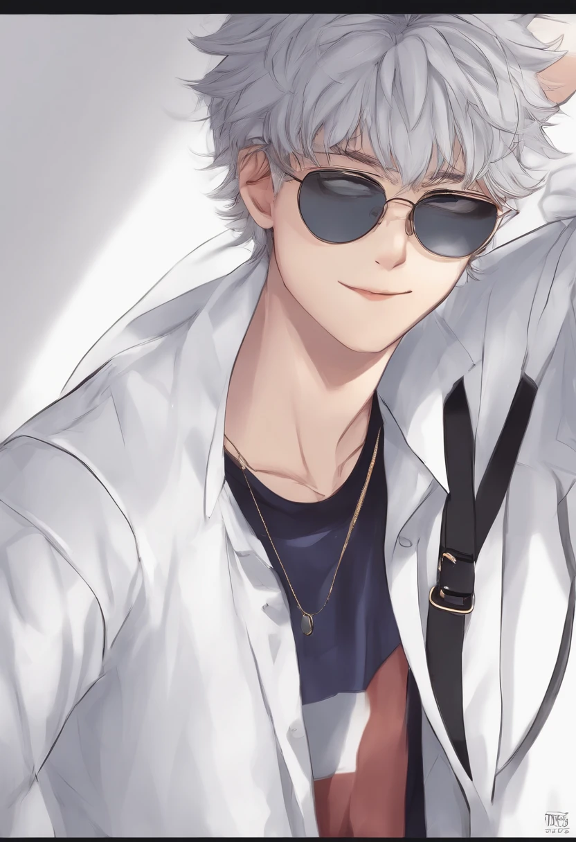 A drawing of a person with glasses and no naughty shirt, desenhado no microsoft paint, inspirado em Killua Zoldyck,fazendo agachamento, como um personagem de anime, Killua Zoldyck, em estilo anime, Toru Narita, com pernas dilatadas, cabelo branco