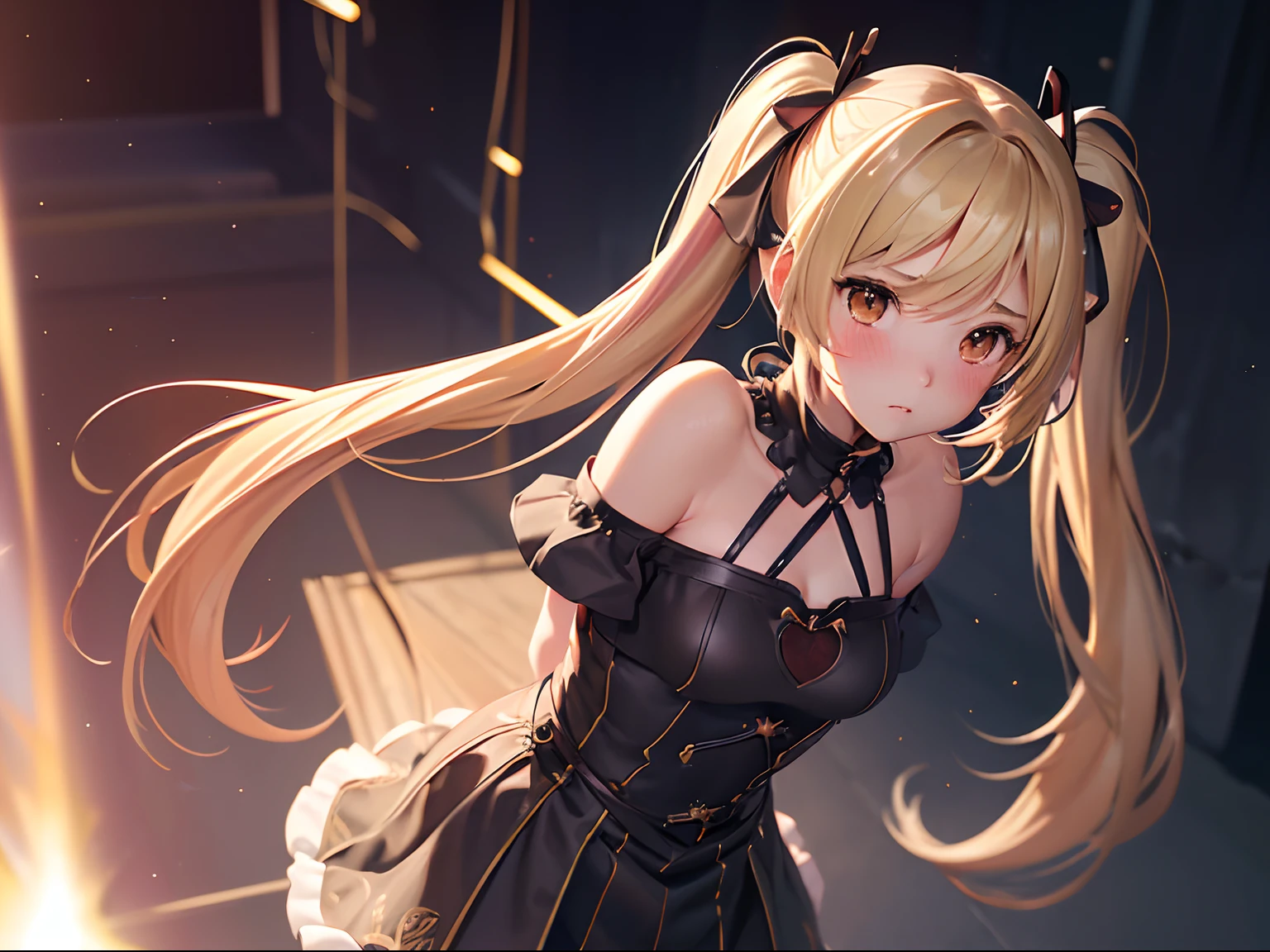 Final Fantasy-style photorealistic portrait of Henry Cavill,(((Petite girl with blonde twin tails))),(masutepiece, Best Quality:1.3), (Ultra-detailed:1.3), 1girl in, Solo, ( hair messy, Long hair), (), flat chest, Yellow eyes, Cowboy Shot, Cinematic lighting, (((Glowing particles of light))), (arms behind back), Dynamic Angle,(((NSFW))),(((all-fours))),(((red blush)))),(((Shout something))),(((noose)))