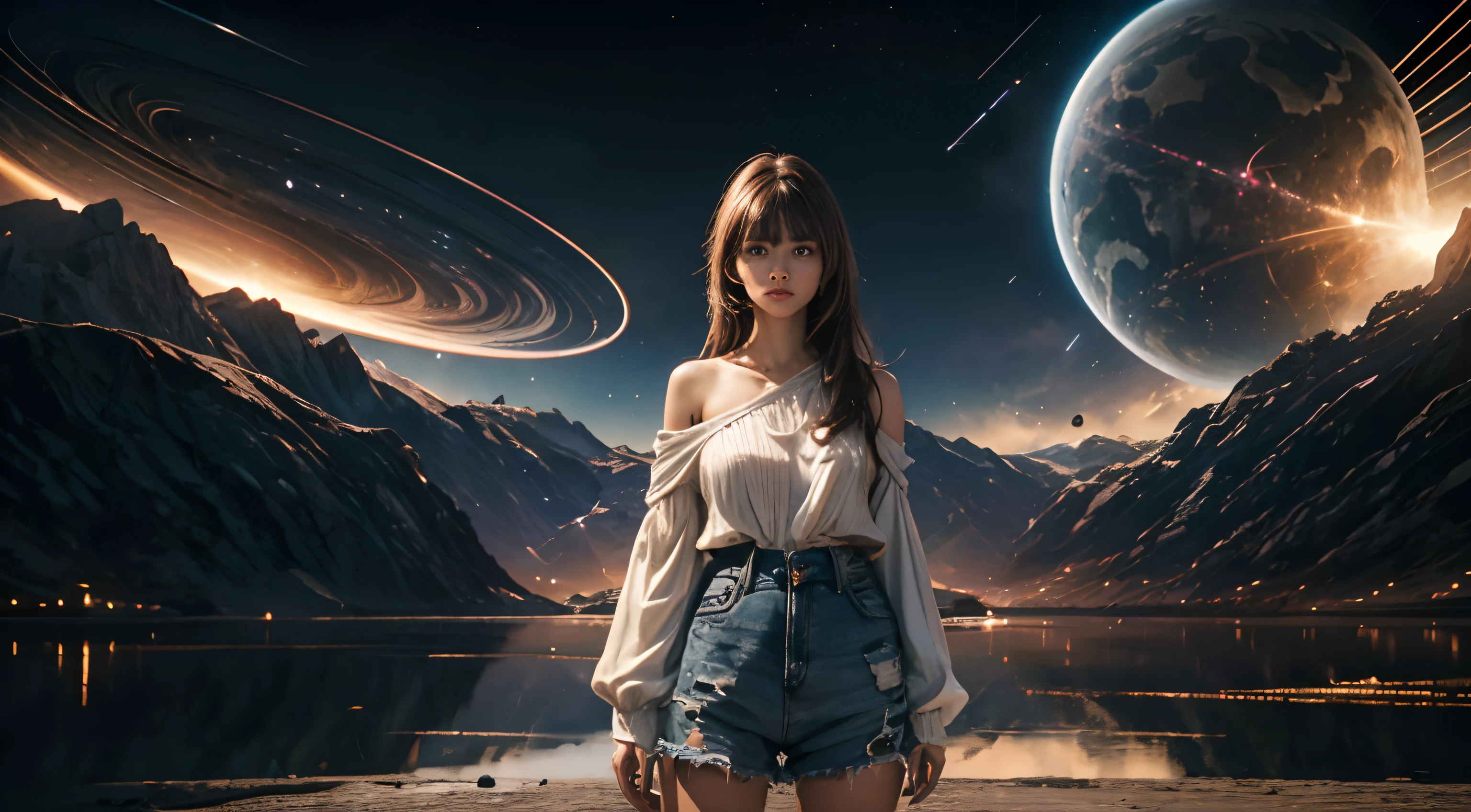 Female upper body image.Image of a wormhole in the space behind a woman.Images of parallel worlds on female background.Beauty in the late s. Her bangs are down.shoulder-length brown hair .Modern clothes.Standing in the middle of the night city with a serious expression.((( Images of multiple parallel worlds overlapping human background.)))8K image quality.