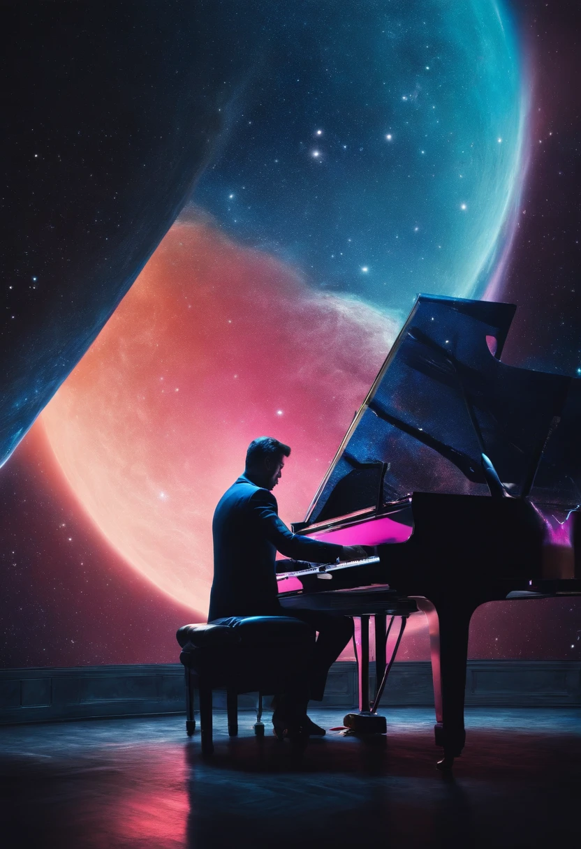 Man playing piano in space all alone bright colors blue, black, pink