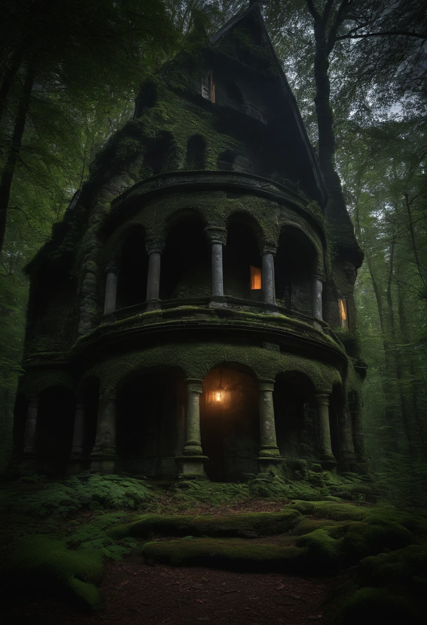 An eerie ghost house hidden in a dense, foggy forest, moonlight casting spooky shadows, a spectral figure floating near the entrance, the environment is overgrown with gnarled trees and mossy stones, Photography, with a wide-angle lens (35mm), capturing the haunting atmosphere, --ar 16:9 --v 5