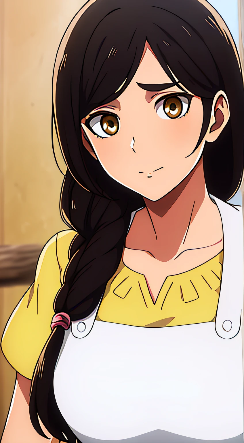 Camisa amarilla,escote,, mangas largas,Delantal blanco, cabello negro, brown eyes, flequillo, single braid, 1 girl in, 20yo,Mujer joven,Hermoso dedo,,Hermosa nariz,Beautiful character design, ojos perfectos, Cara perfecta,ojos expresivos, Mirando al espectador, escote, breasts