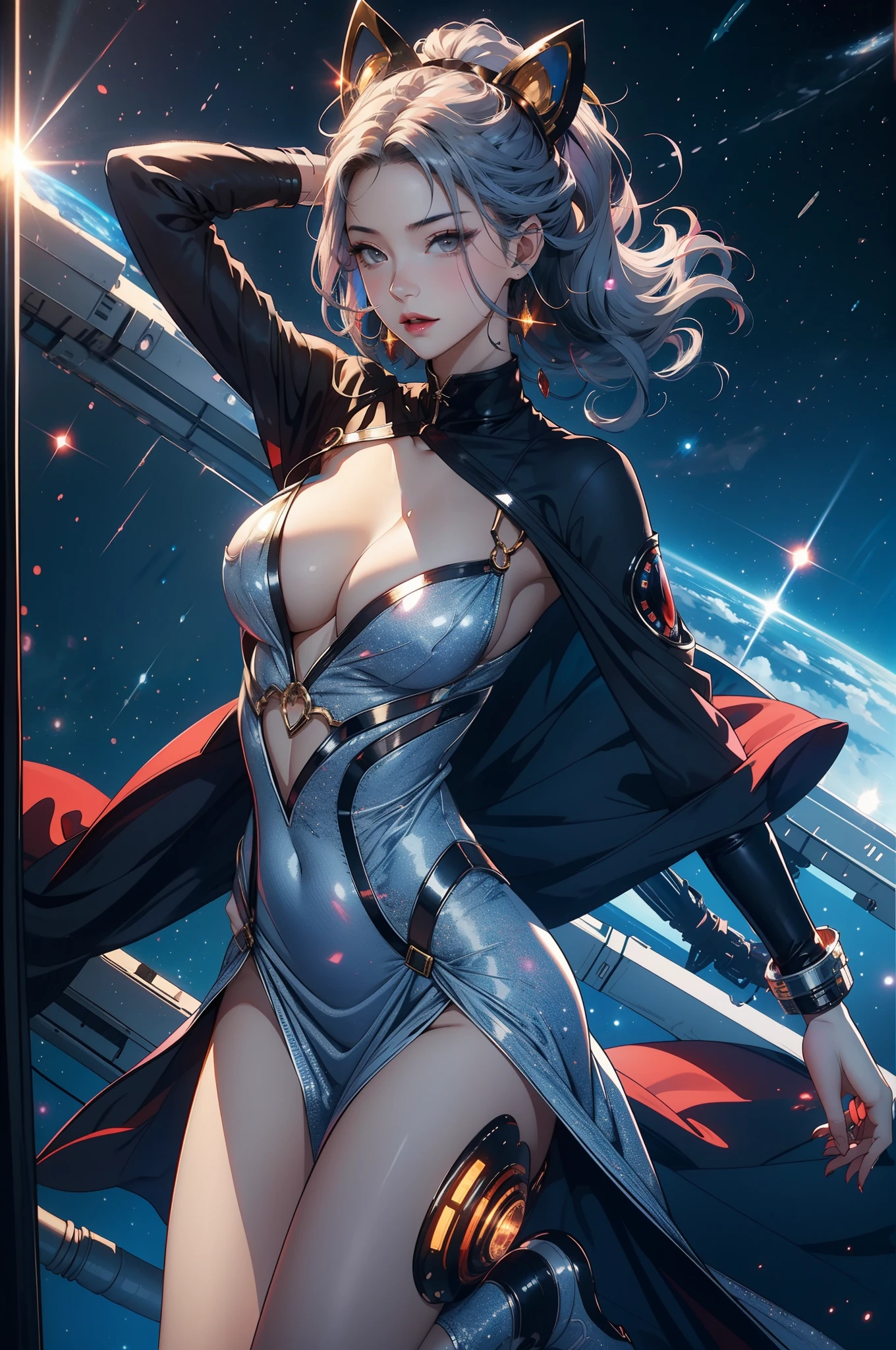 long eyelasher, solid circle eyes, Fake animal ears, Light smile, Ear blush square, （Background with：Spaceship deck，Huge planet，Glittering starry sky，galactic）standing on your feet，（spreads her legs apart）fist up，multicolored hair, Silver hair, Open mouth, hearts in eyes, surrealism, shadowing, stereograms, tachi-e, angle of view, Color field painting, High detail, Cubist futurism, Lens flare, Sony FE GM, reflective light, 8K, Super detail, ccurate, Best quality, hyper HD, retinas, hyper HD, Masterpiece, Award-Awarded, A high resolution，Sci-fi style（fully body photo），Long slip dress，（（Wearing：Red gold mech，Robotic arm））extremely large bosom，A plump chest，blacksilk，Delicate earrings，metal headdress，looking to the camera，Desire for dissatisfaction，ssmile